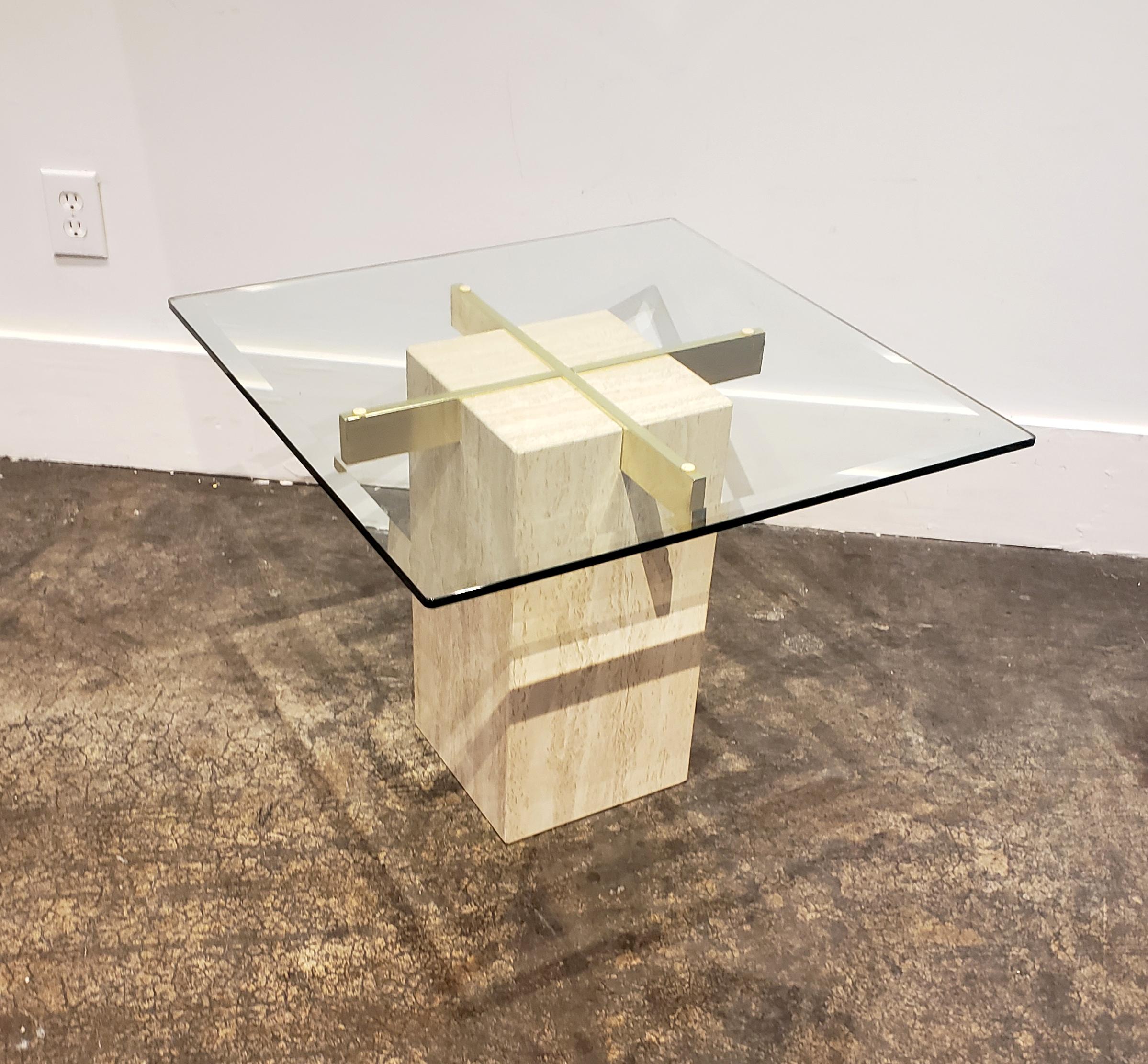 Modern Italian Travertine, Brass and Glass Occasional Side Table by Artedi For Sale