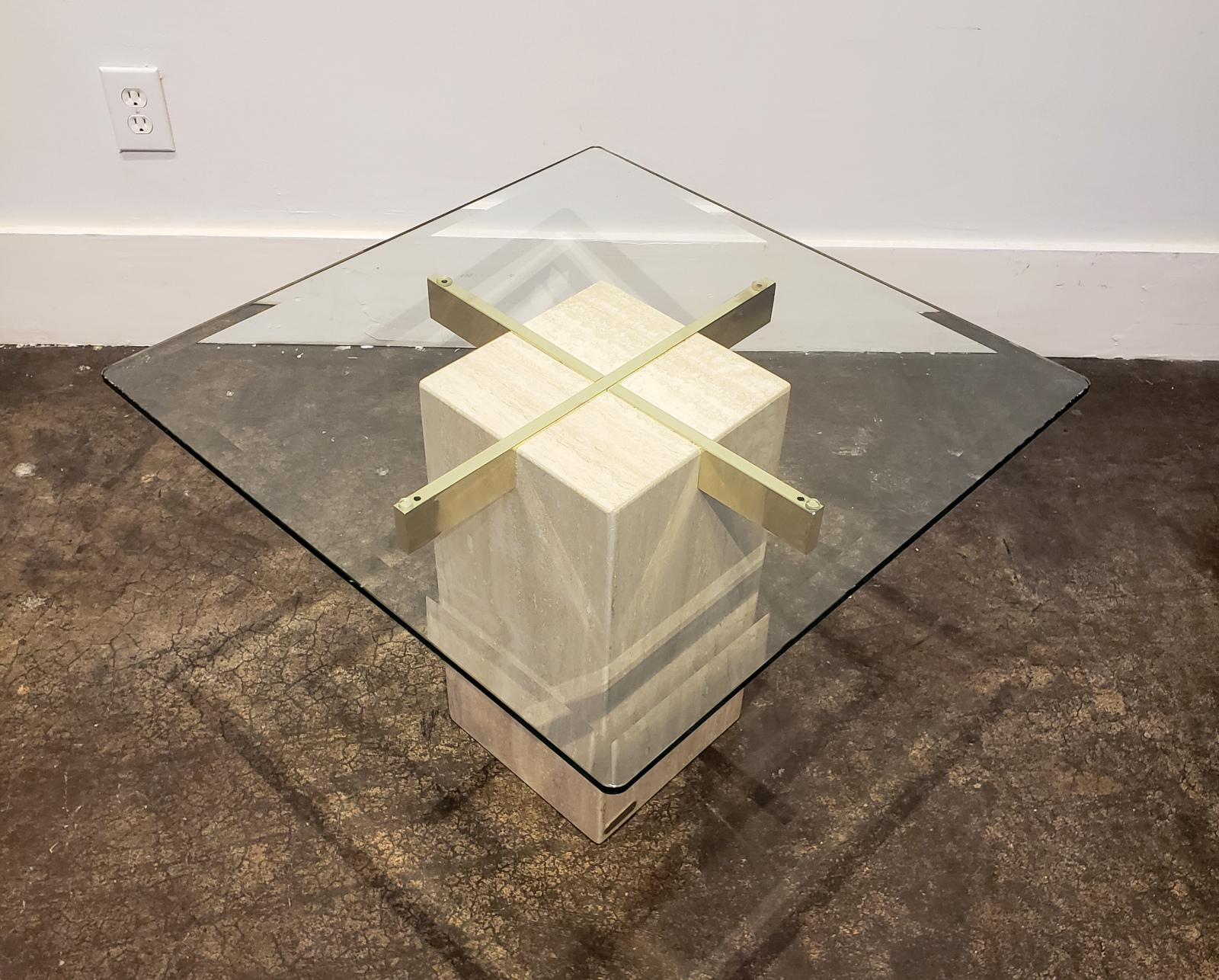 Modern Italian Travertine, Brass and Glass Occasional Side Table by Artedi For Sale