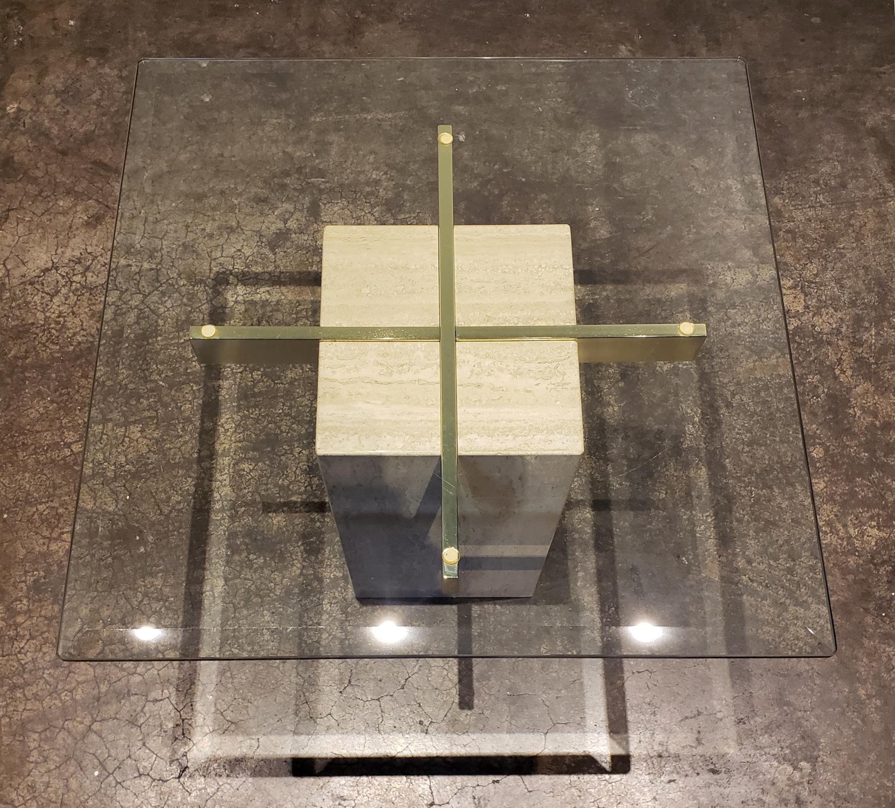 Italian Travertine, Brass and Glass Occasional Side Table by Artedi In Good Condition For Sale In Dallas, TX