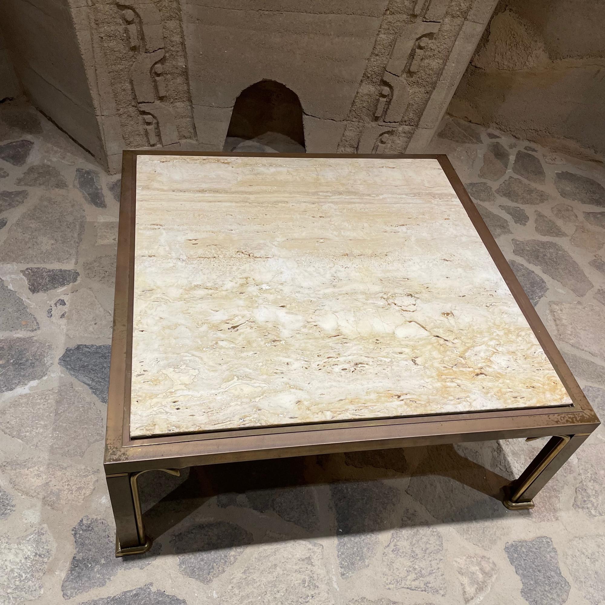 1970s Italian Travertine & Brass Square Coffee Cocktail Table Italy For Sale 5