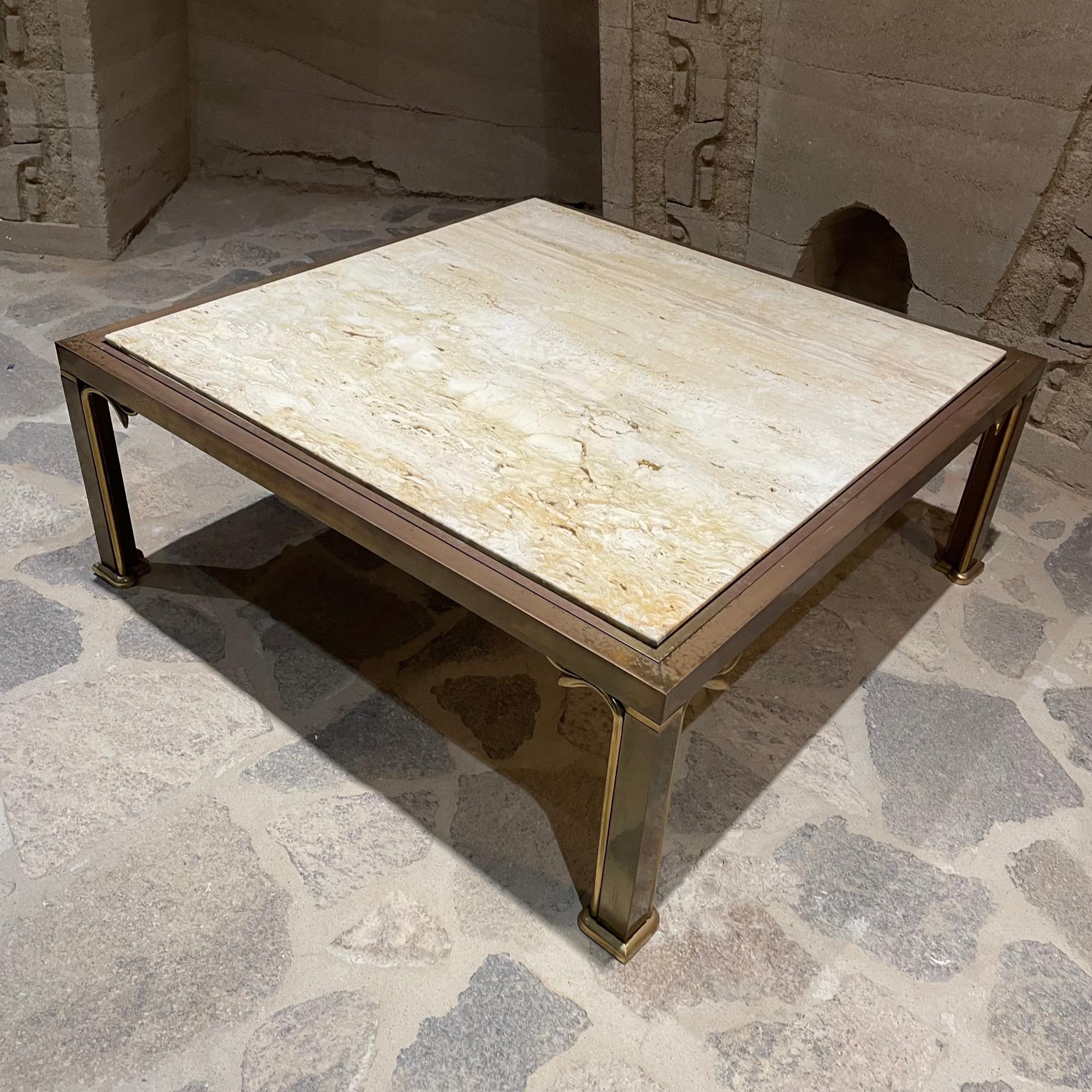1970s Italian Travertine & Brass Square Coffee Cocktail Table Italy For Sale 1