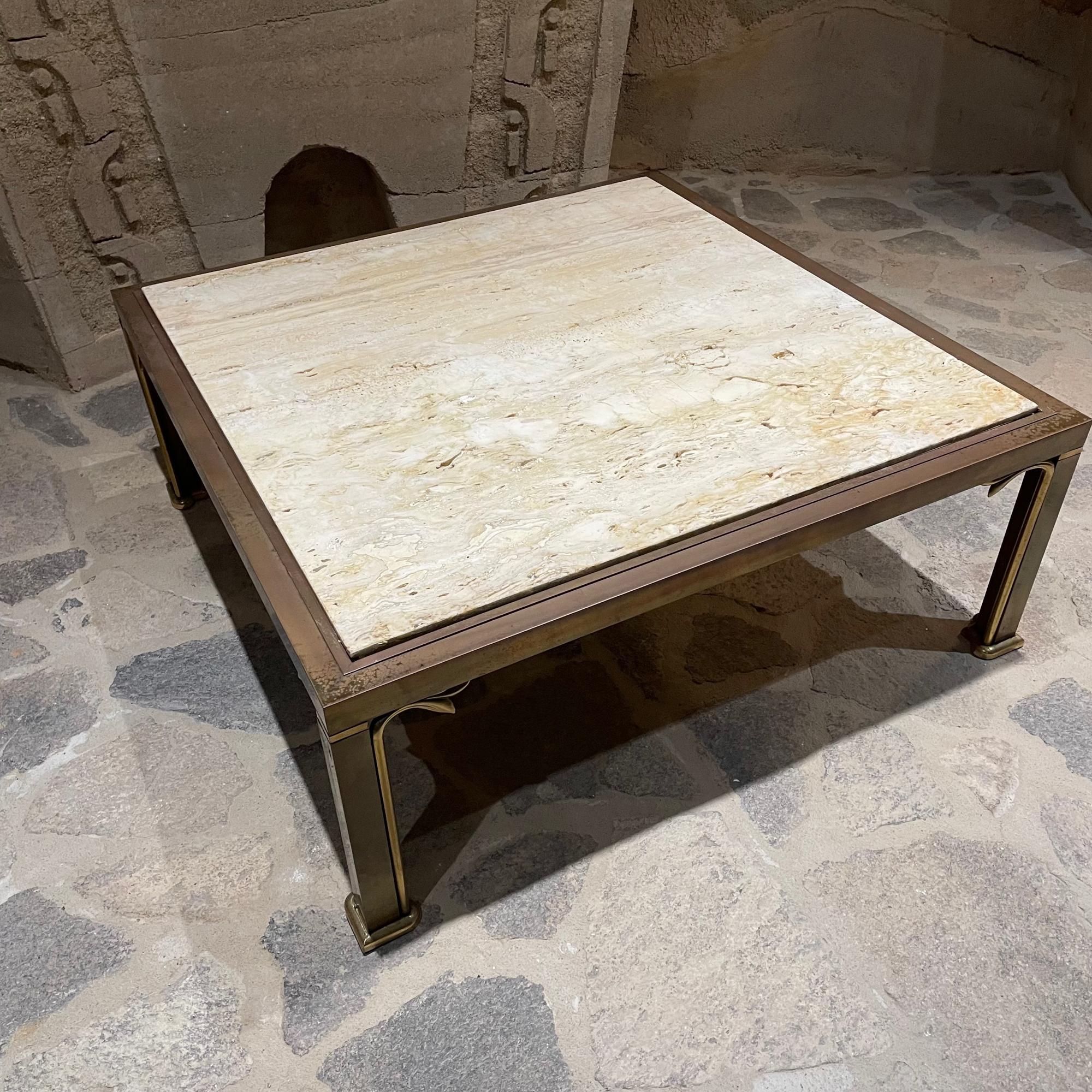 1970s Italian Travertine & Brass Square Coffee Cocktail Table Italy For Sale 2
