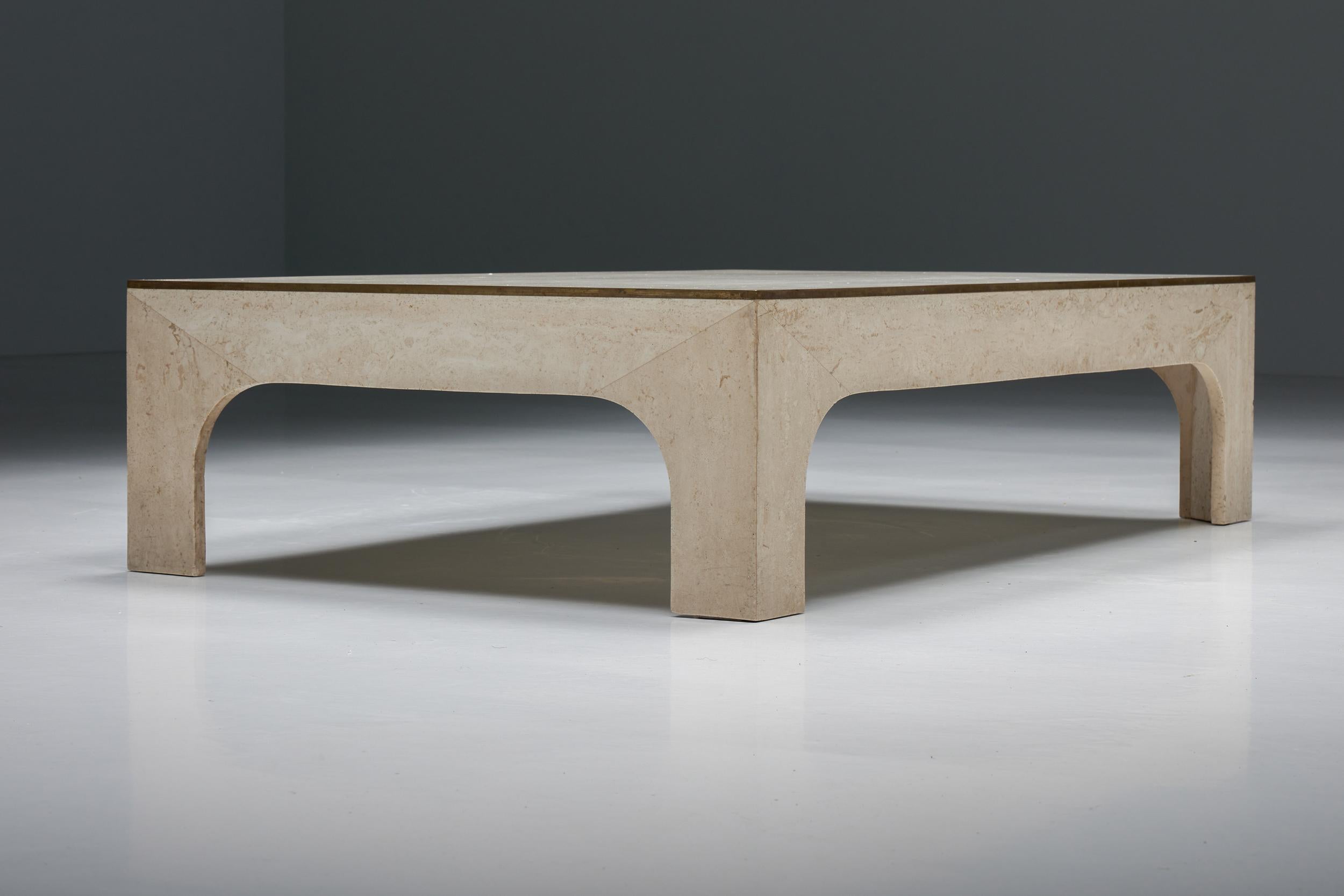 Brass Italian Travertine Coffee Table by Willy Rizzo, Hollywood Regency, 1970s For Sale