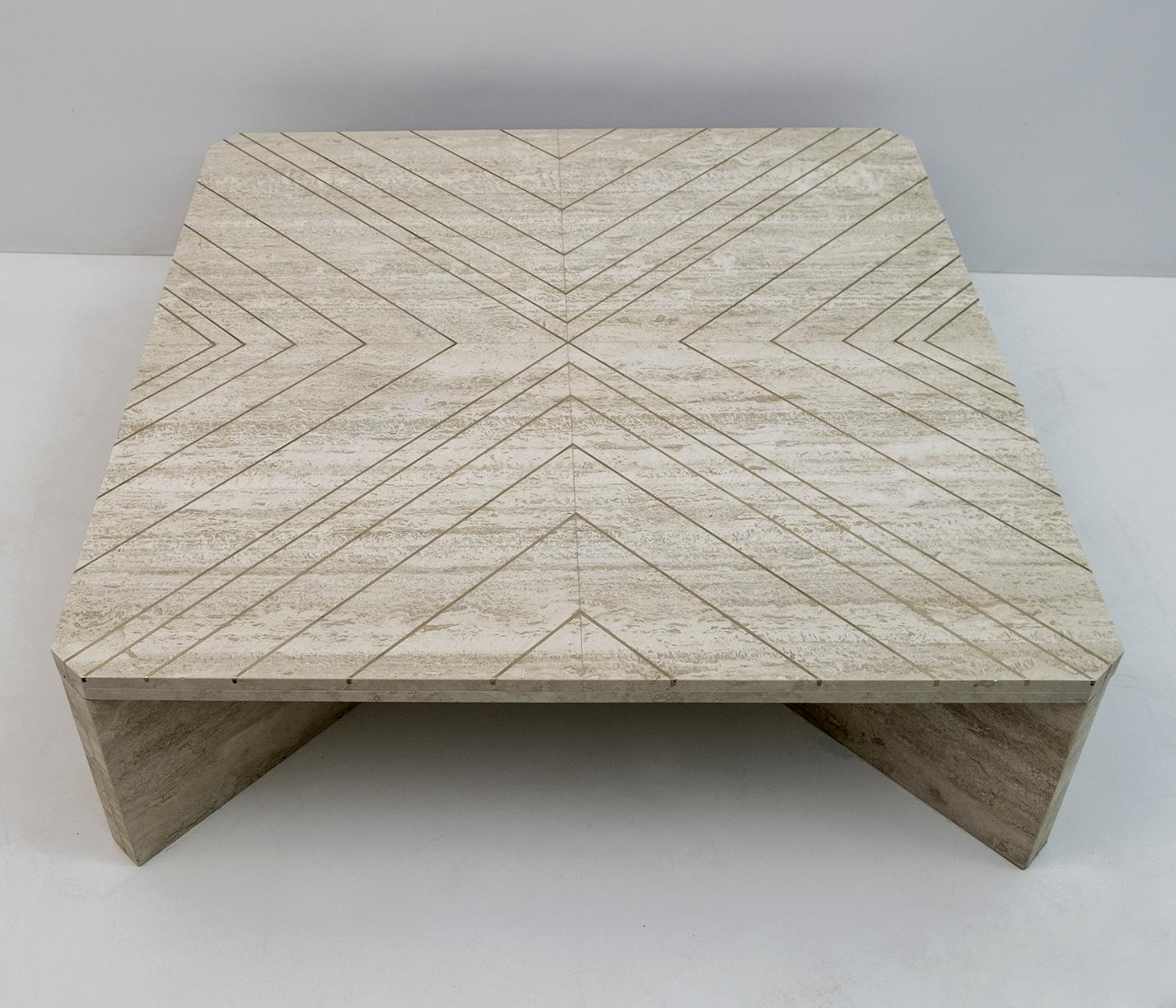 Mid-Century Modern Willy Rizzo Mid-Century Italian Travertine Coffee Table with Brass Inlays, 1970s