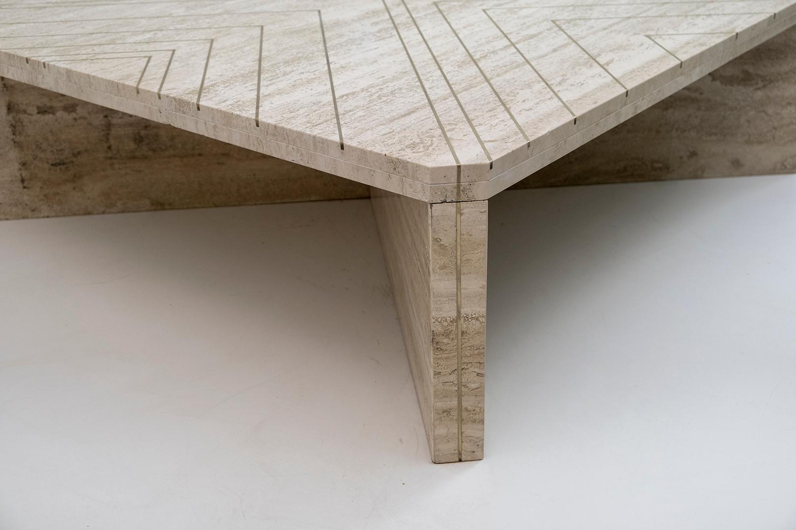 Willy Rizzo Mid-Century Italian Travertine Coffee Table with Brass Inlays, 1970s 4
