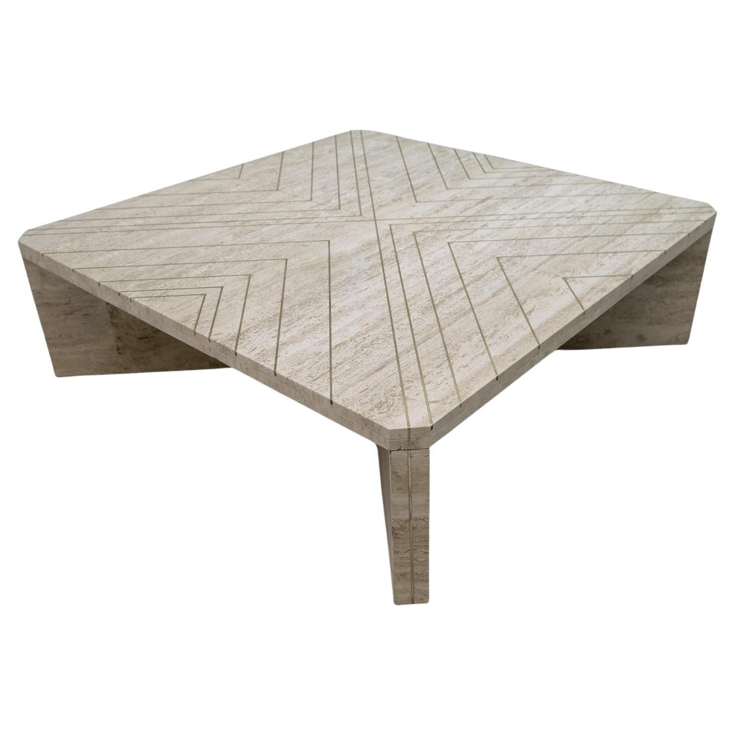 Willy Rizzo Mid-Century Italian Travertine Coffee Table with Brass Inlays, 1970s