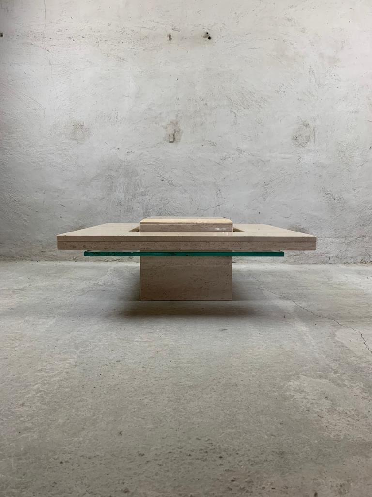 Late 20th Century Italian travertine coffee table with floating top, 1970's For Sale