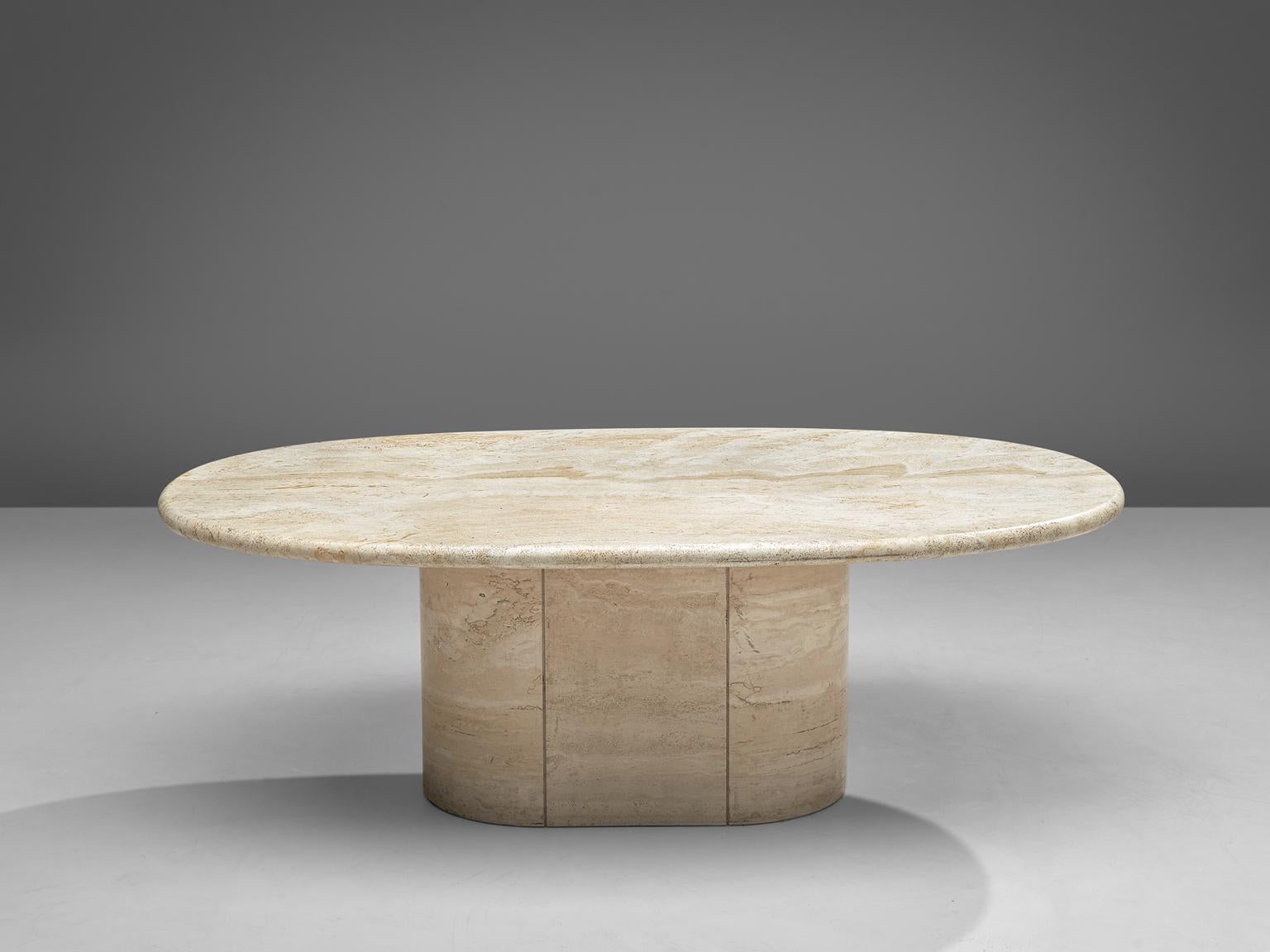 Coffee table, travertine, Italy, 1970s.

This strong coffee table features a massive, oval foot and a thick, large oval travertine table top. The aesthetics are archetypical for postmodern design, bearing references to architectural forms and