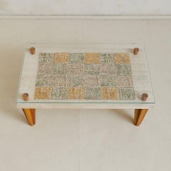 Italian Travertine Coffee Table with Painted Motifs + Glass Top, 1970s