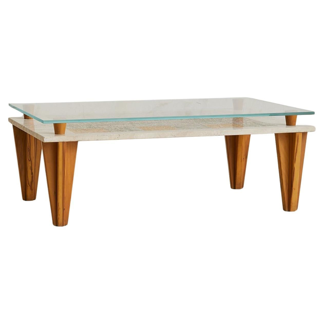 Italian Travertine Coffee Table with Painted Motifs + Glass Top, 1970s