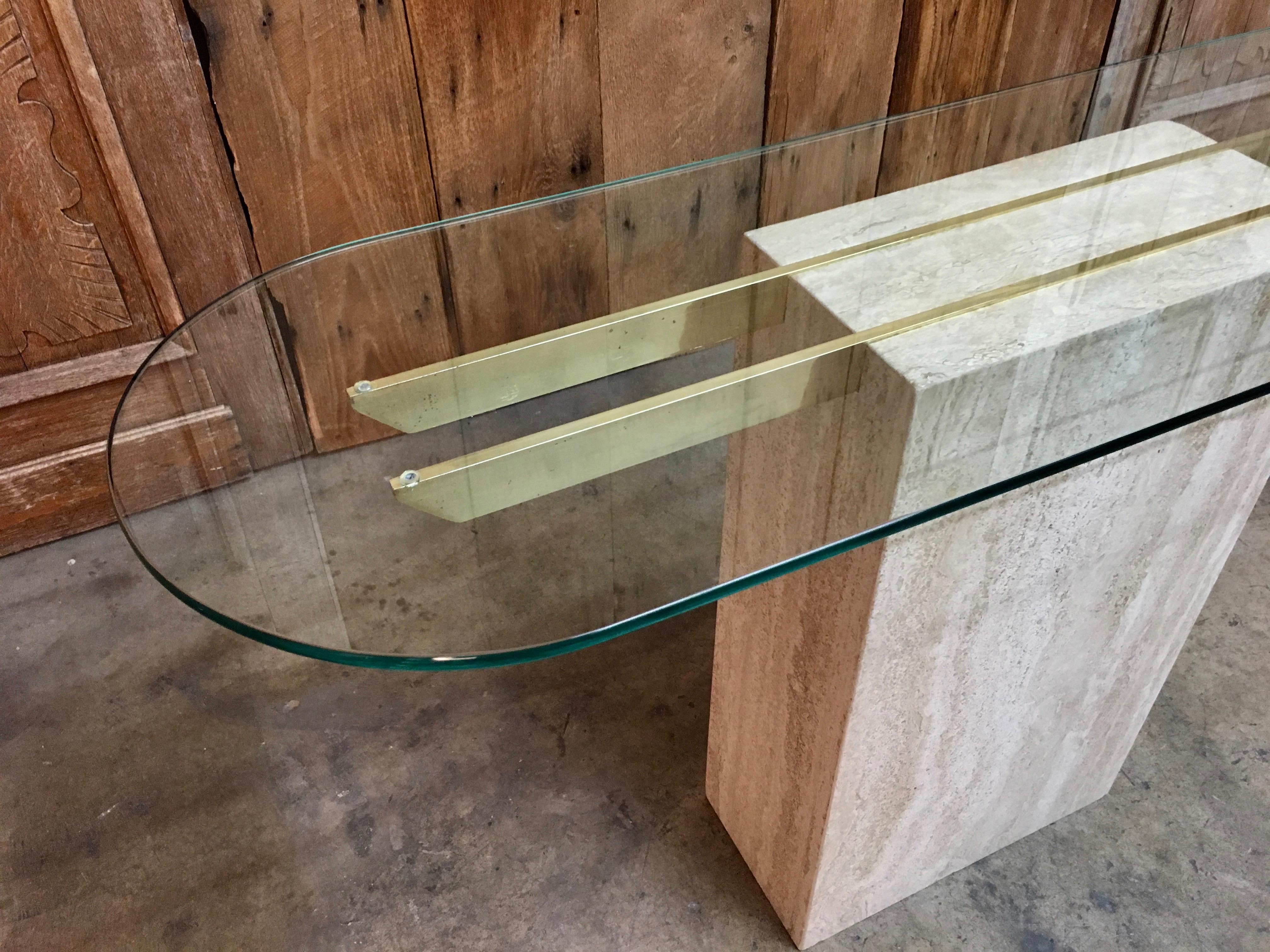 Travertine sofa table with brass and glass by Artedi.