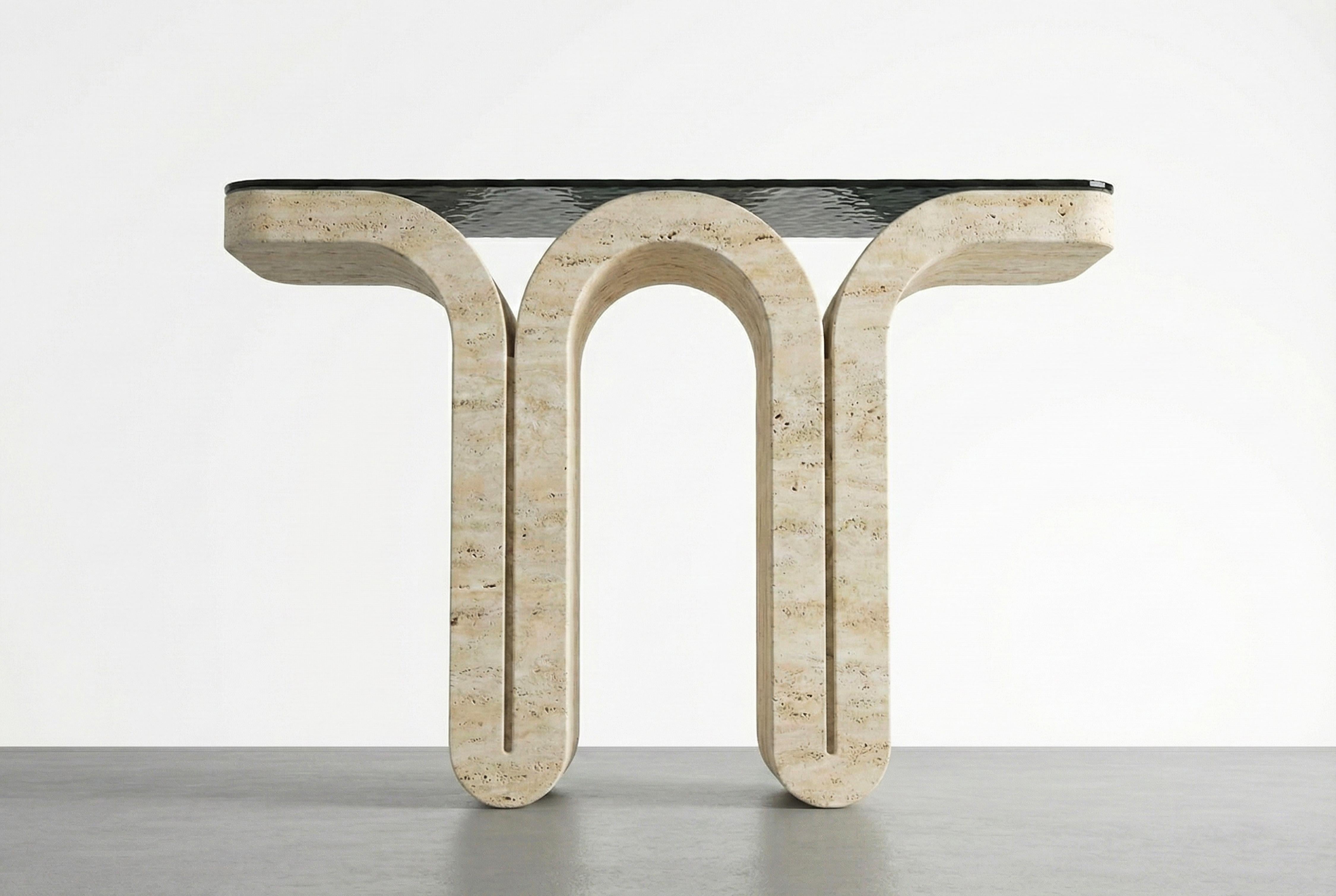 CONSOLA DE TRAVERTINO CON CRISTAL FUSIÓN

Material: Travertino 100% natural y cristal de fusión templado.

Dimensiones: Estándar 48