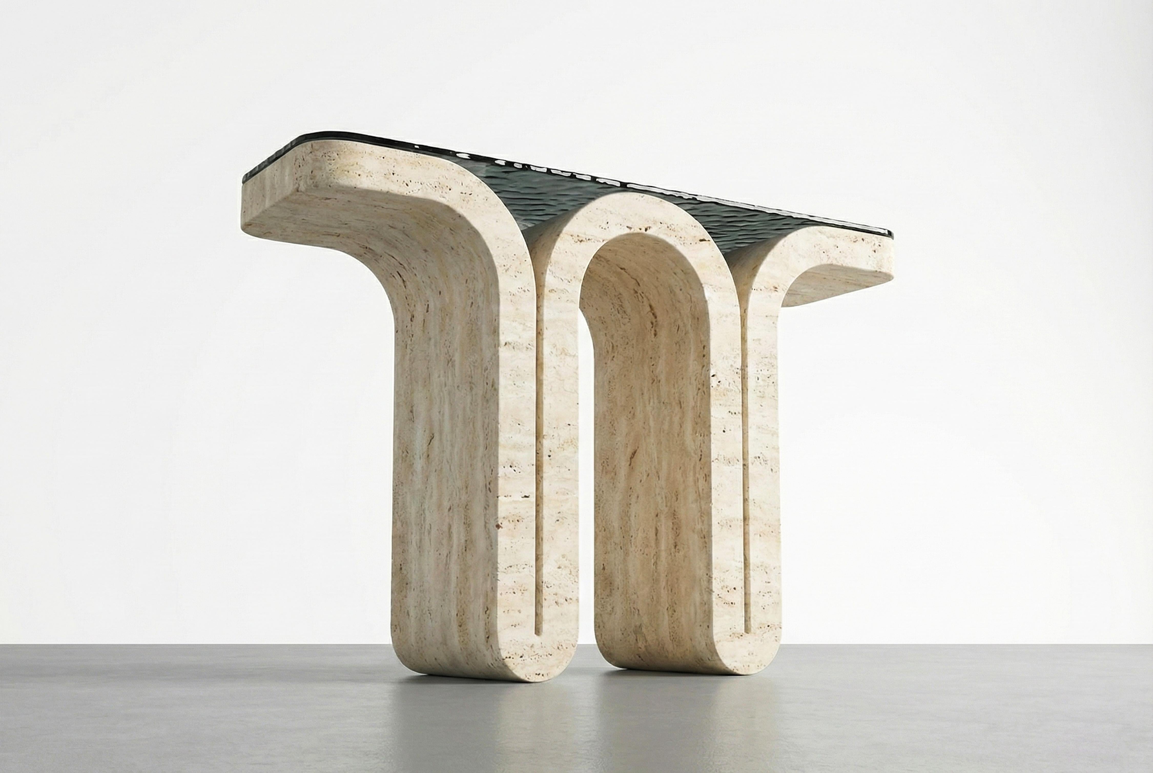 Consola de Travertino Italiano con Tapa de Cristal Fusión - Mesa de Entrada de Mármol Artes y manualidades en venta