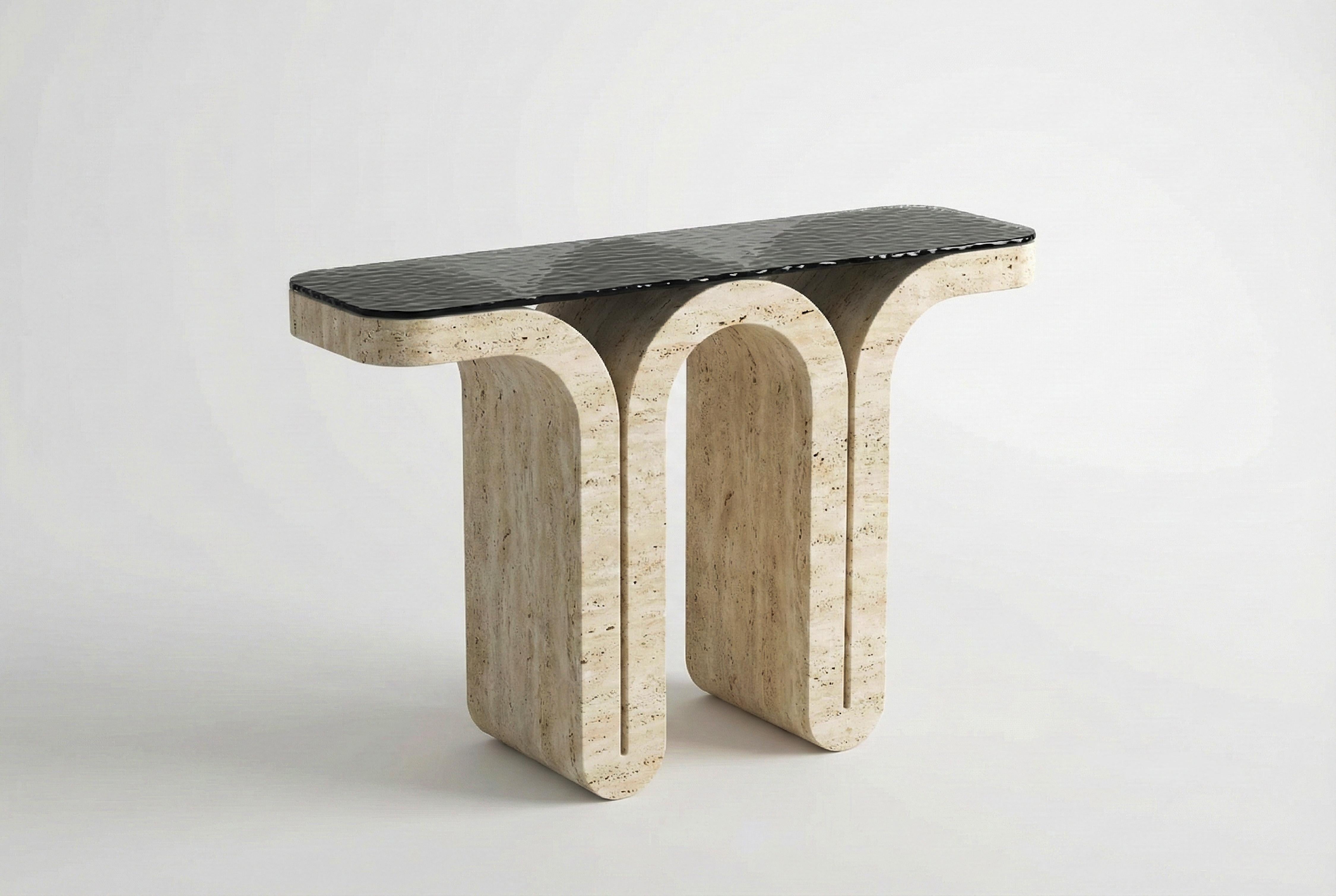 Consola de Travertino Italiano con Tapa de Cristal Fusión - Mesa de Entrada de Mármol en Nuevo estado para la venta en İnegöl, TR