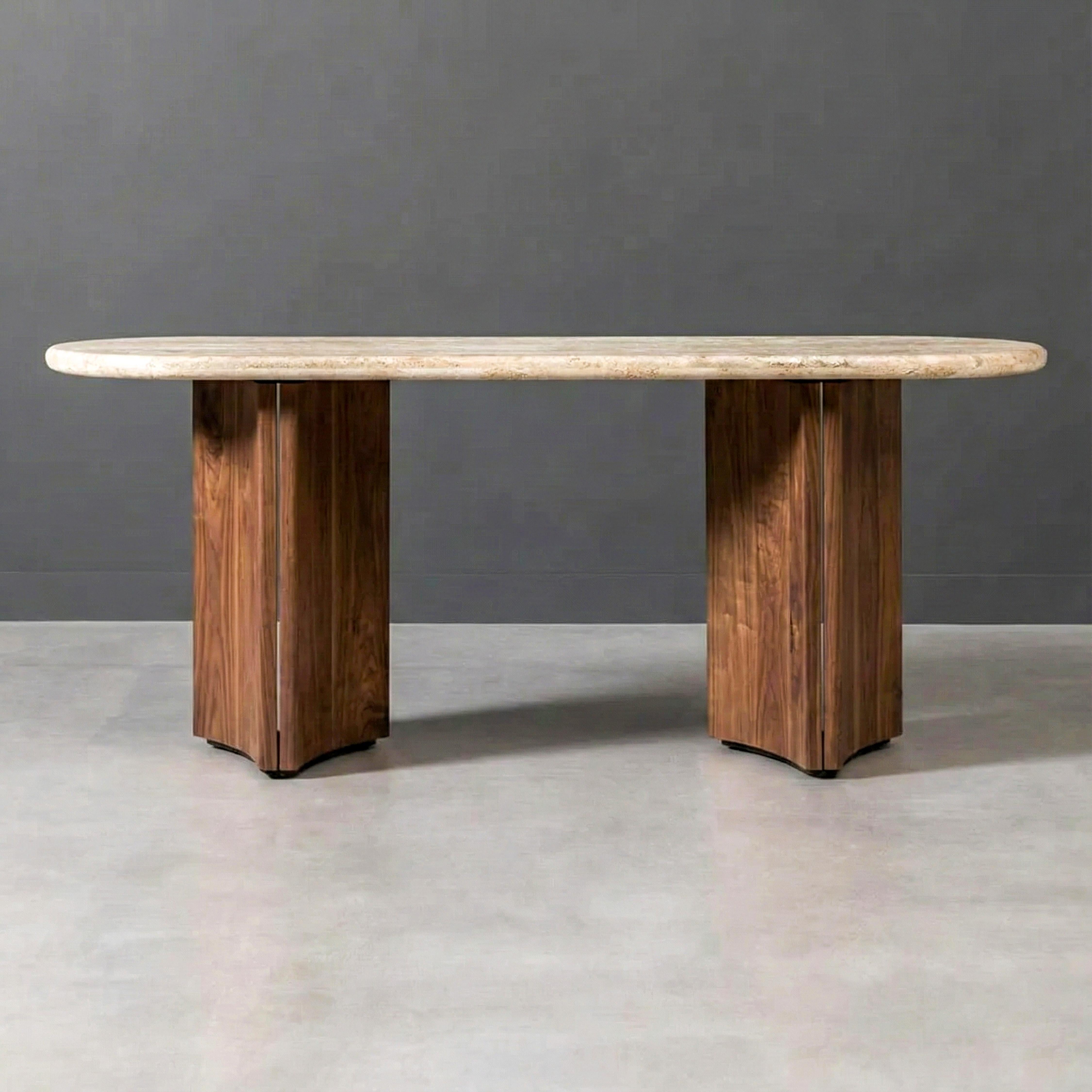 Materials: Premium Italian Travertine & Solid Walnut Wood
Style: Modern Organic, Mid-Century Modern, Italian Minimalist
Dimensions: 170 cm (W) x 45 cm (D) x 75 cm (H)
Origin: Handcrafted in Turkey
Condition: New, Custom Made

Customization &