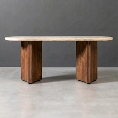 Italian Travertine Console Table With Walnut Wood - Custom Console Table