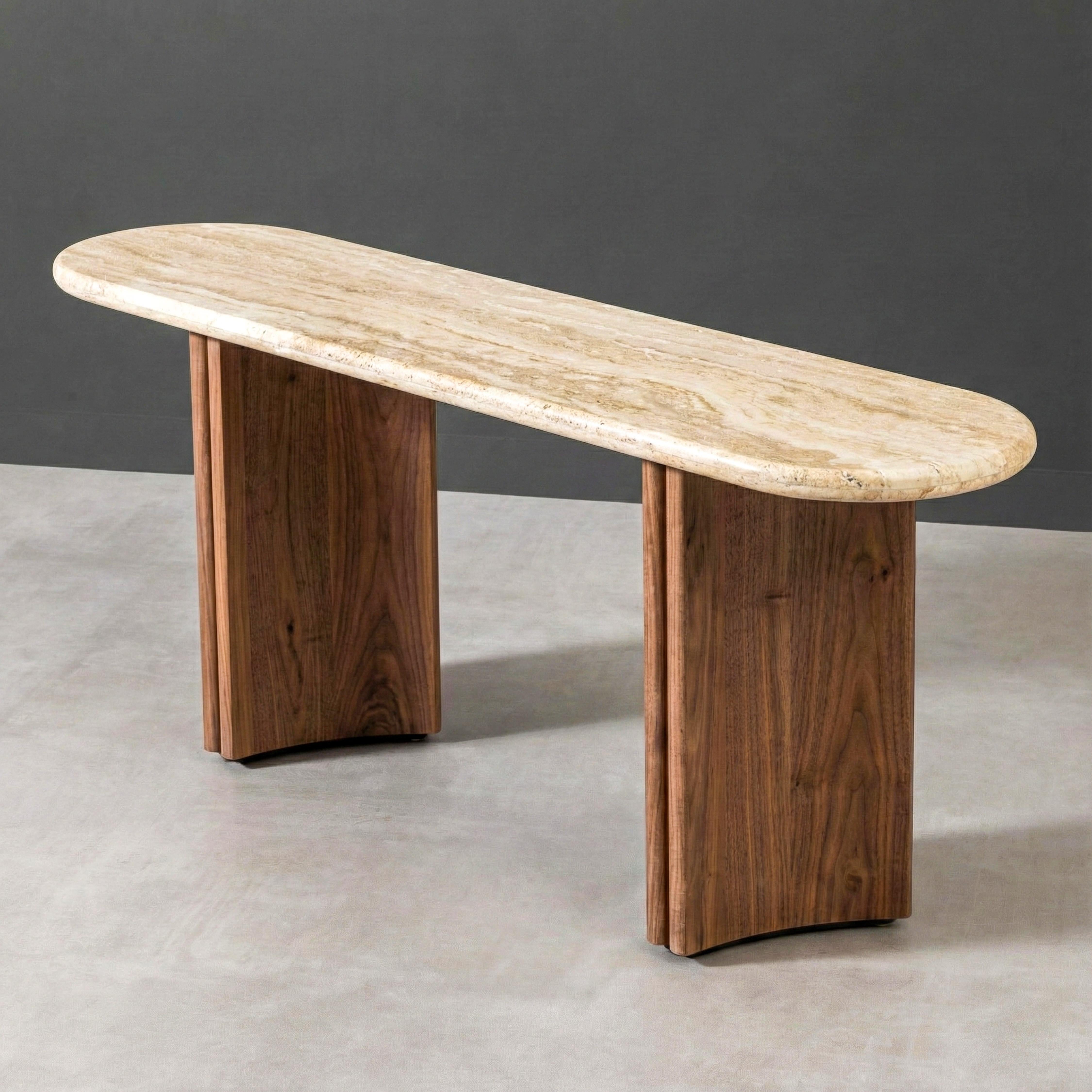 Arts and Crafts Italian Travertine Console Table With Walnut Wood - Custom Console Table For Sale