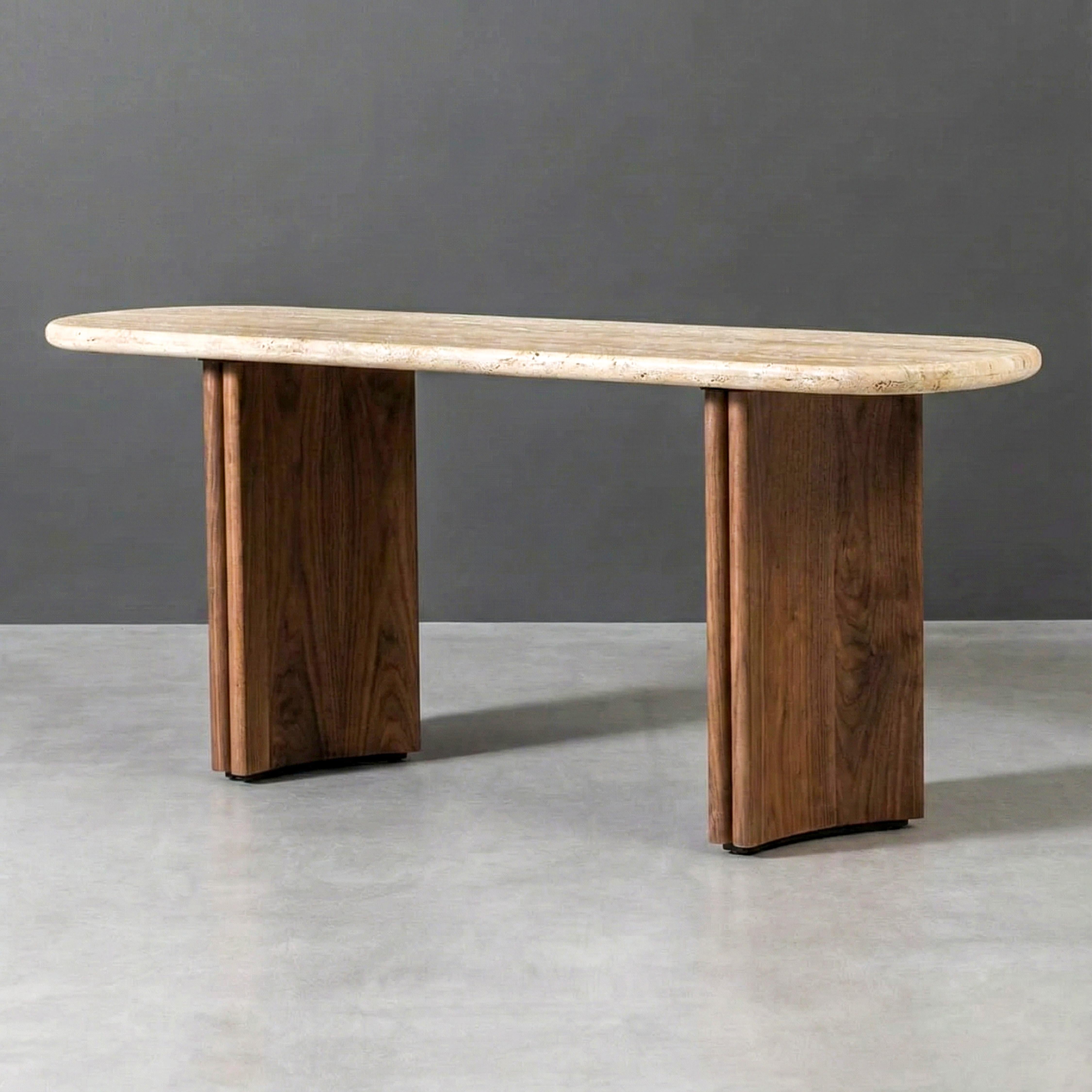 Turkish Italian Travertine Console Table With Walnut Wood - Custom Console Table For Sale