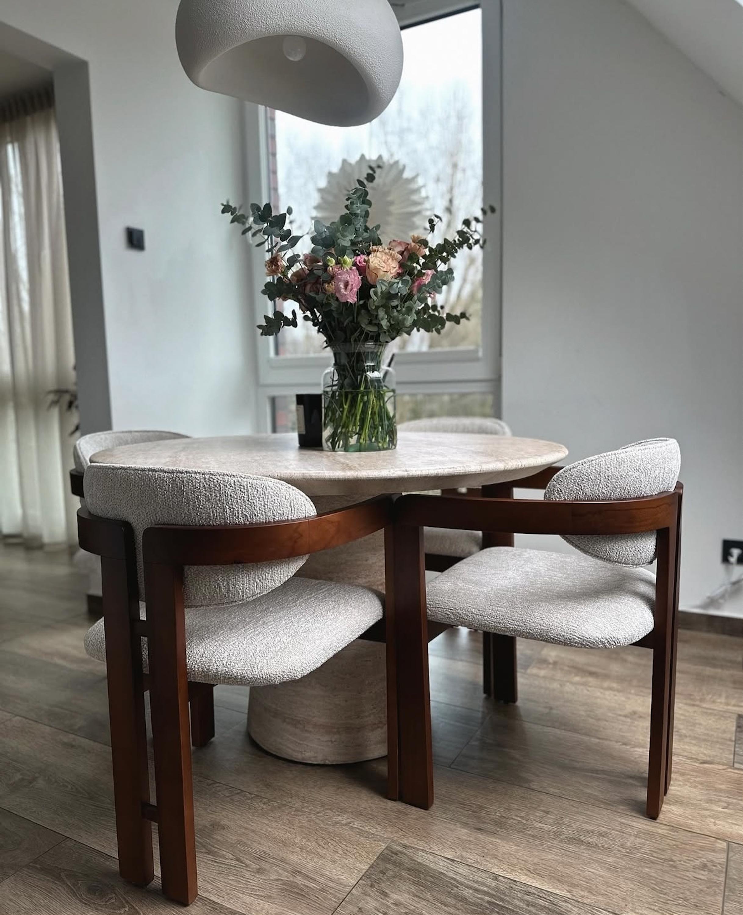 Arts and Crafts Italian Travertine Dining Round Table - Customizable Marble Round Table For Sale