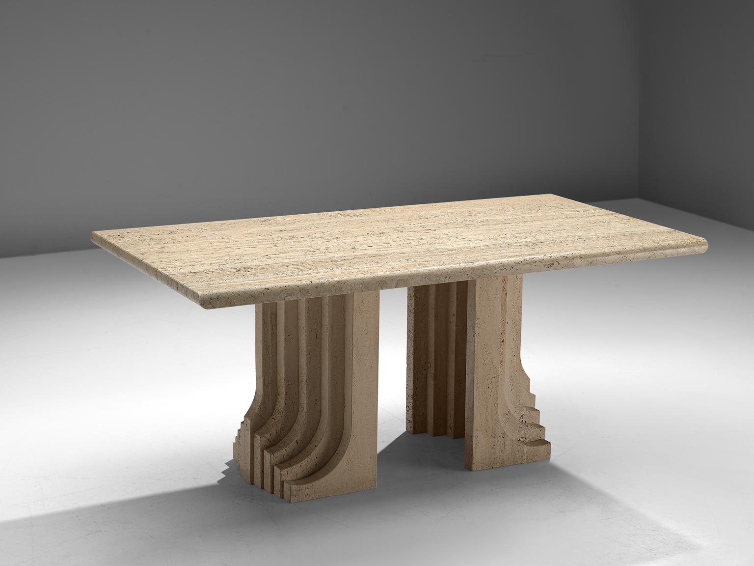 Rectangular dining table, travertine, Italy, 1970s.

This table is an nice example of Italian design with roman inspired architecture. The base of the table is formed out of two layered pillars that exist of several strokes in a row. The strokes