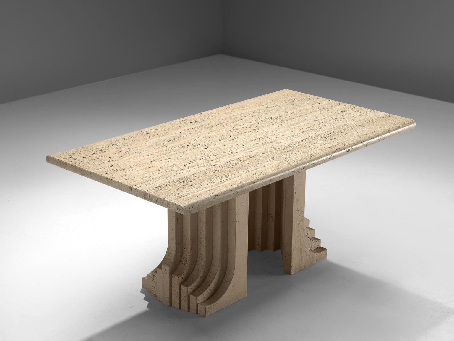 Mid-Century Modern Italian Travertine Dining Table with Layered Legs