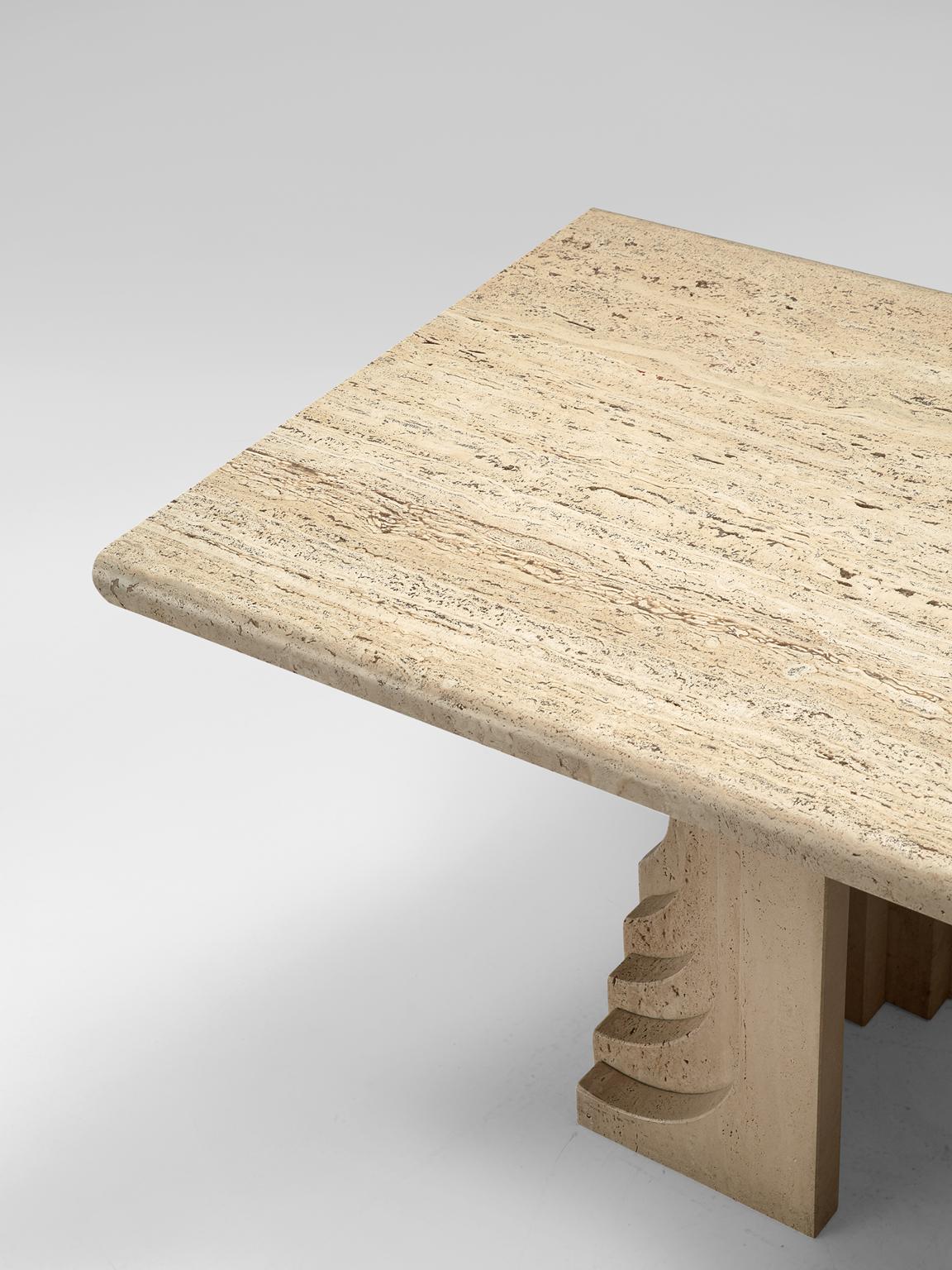 Italian Travertine Dining Table with Layered Legs 1