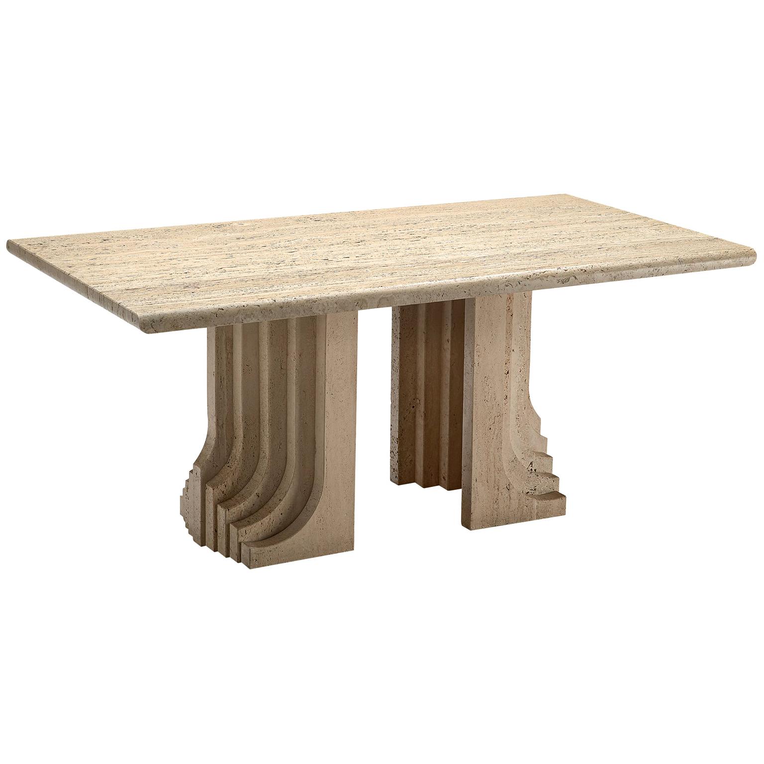 Italian Travertine Dining Table with Layered Legs