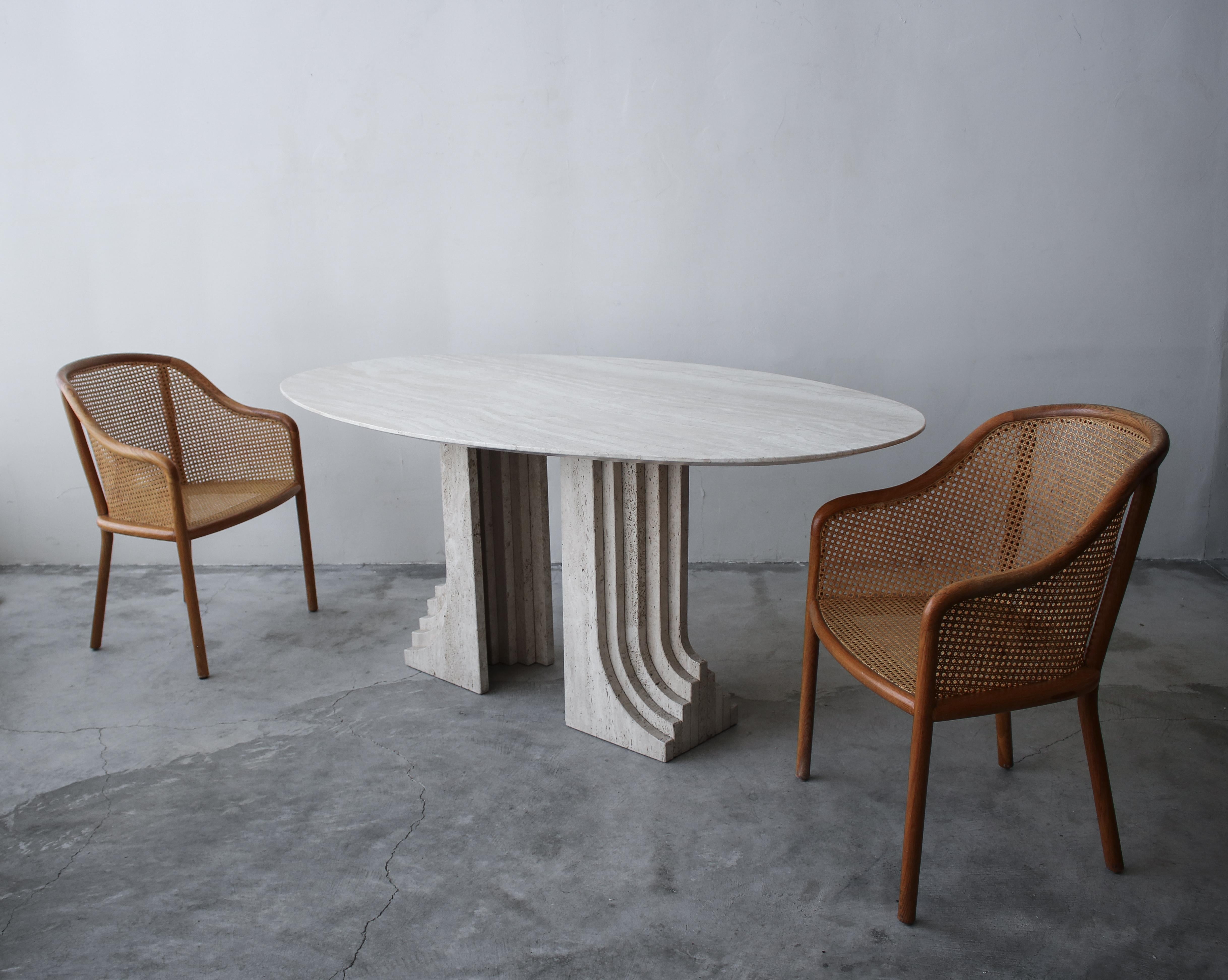 Minimalist Italian Travertine Double Pedestal Dining Table by Carlo Scarpa