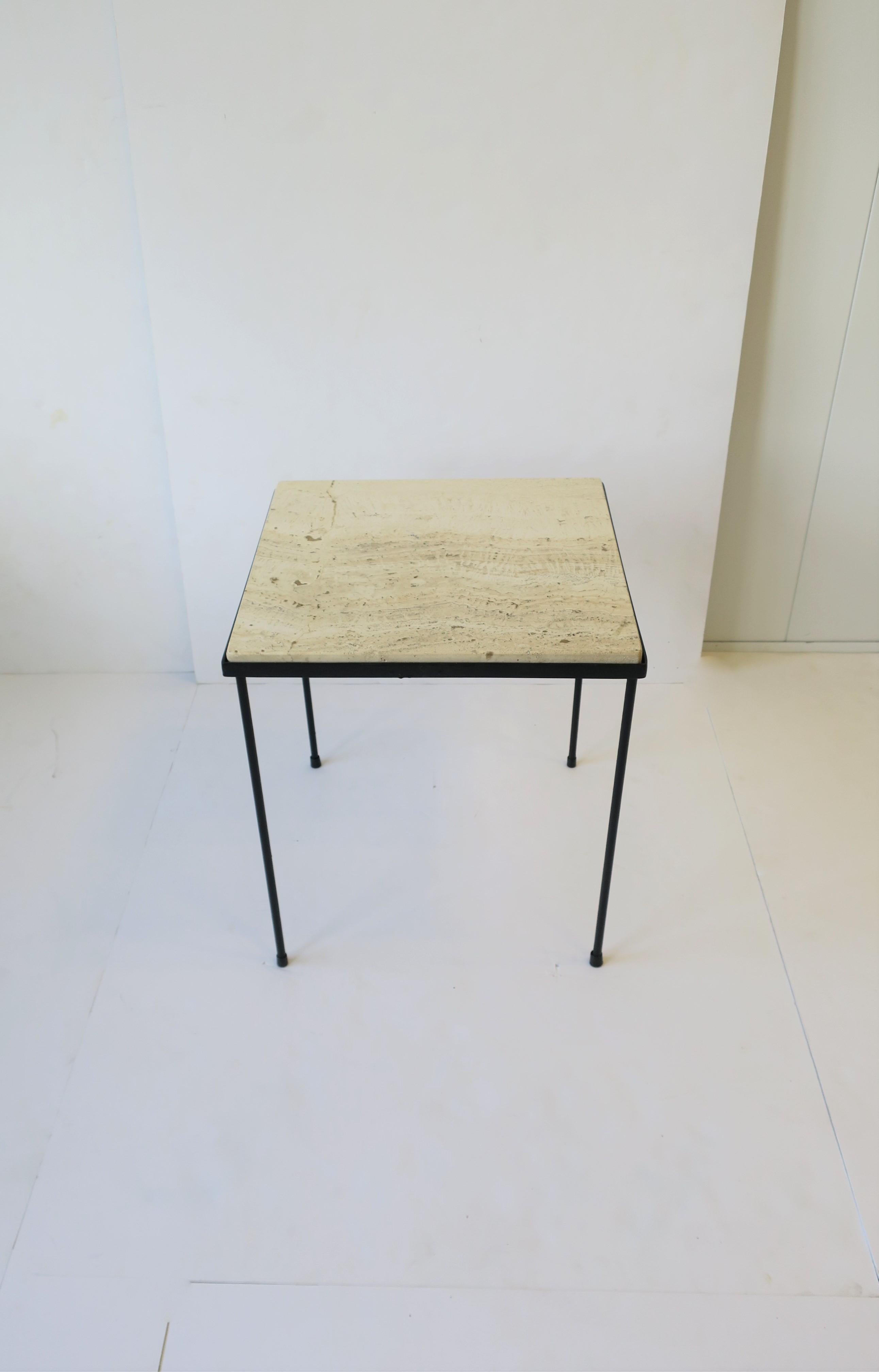 Minimalist Italian Travertine Marble and Black Metal Square Side or End Table