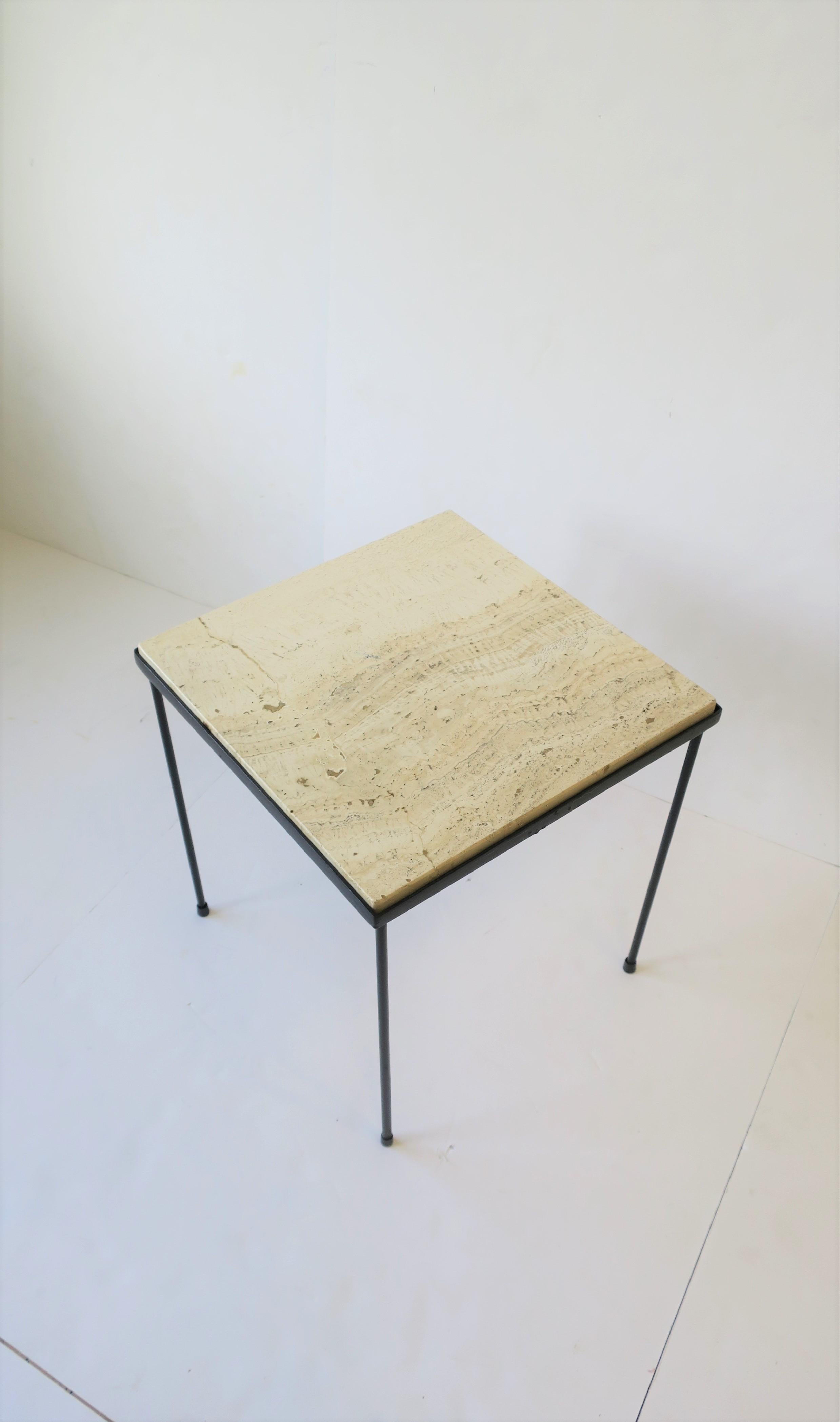 Italian Travertine Marble and Black Metal Square Side or End Table In Good Condition In New York, NY