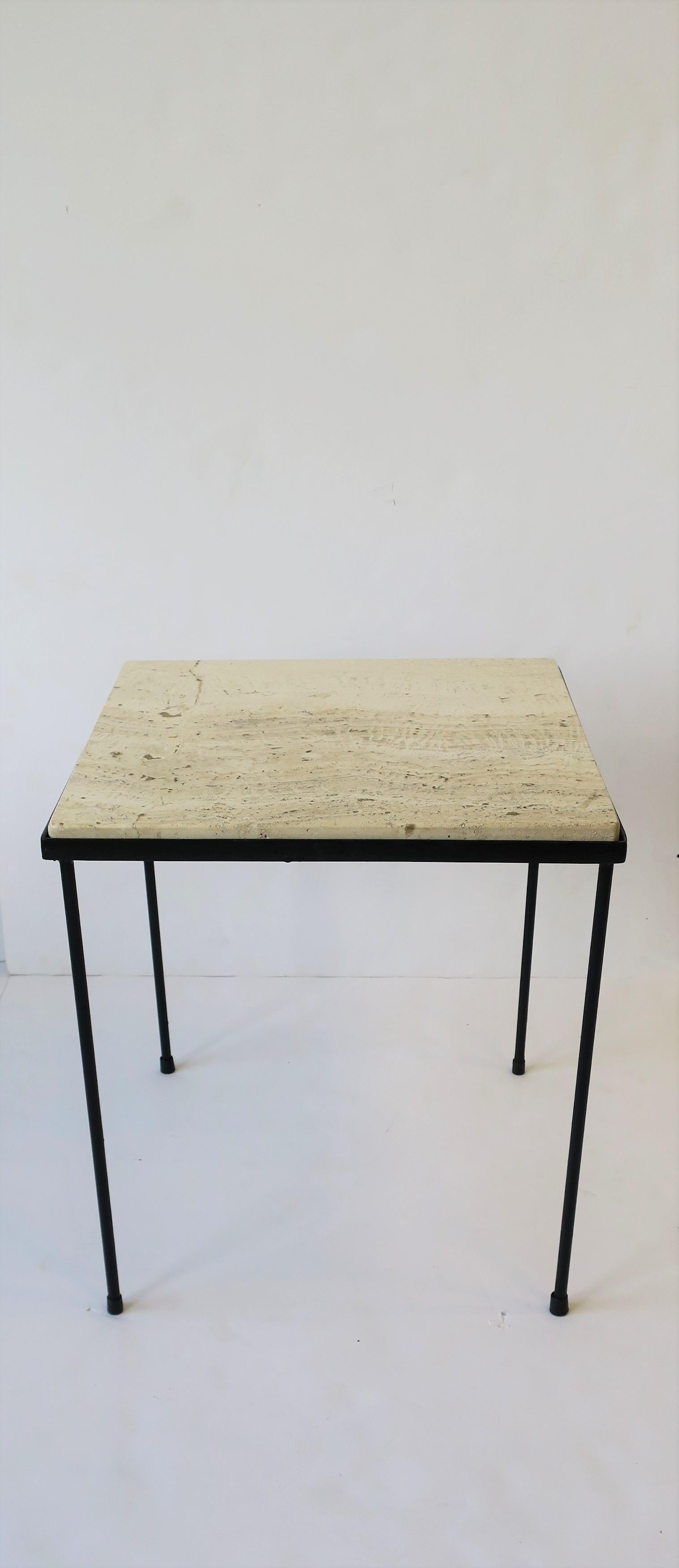 Italian Travertine Marble and Black Metal Square Side or End Table 2