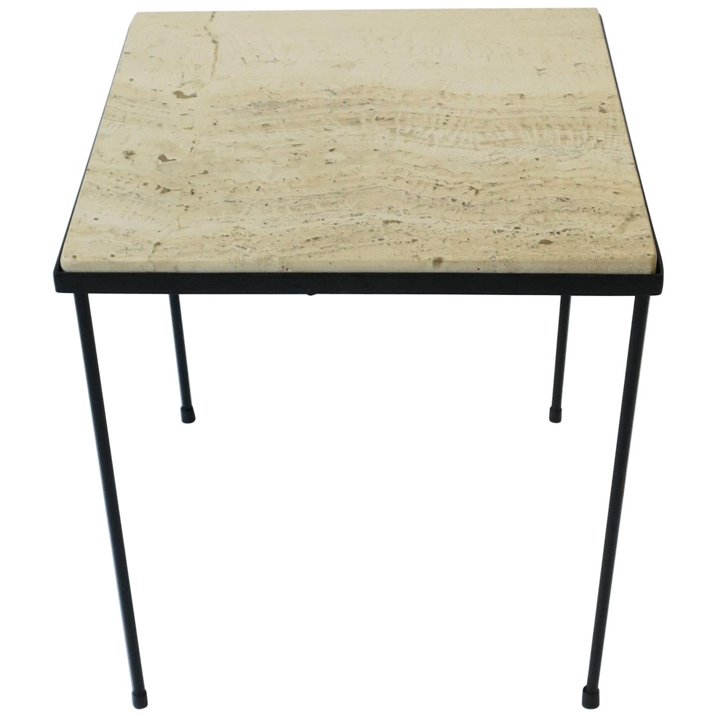 Italian Travertine Marble and Black Metal Square Side or End Table