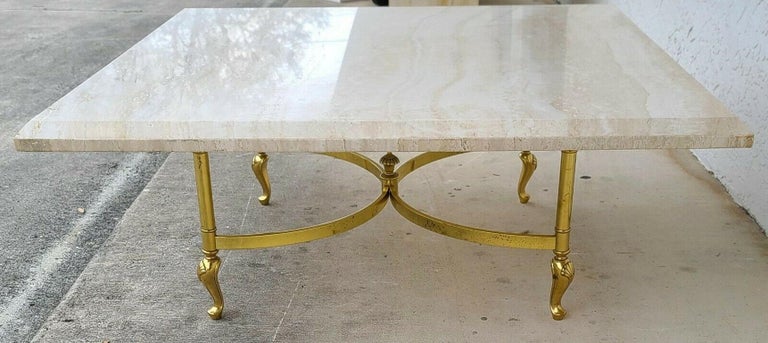 Italian Travertine Marble & Brass Cocktail Coffee Table In Good Condition For Sale In Lake Worth, FL