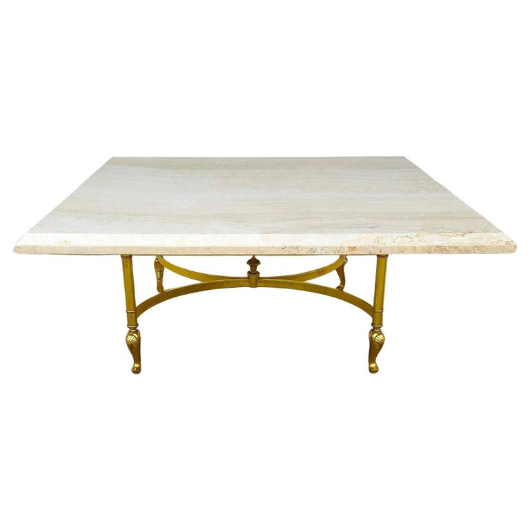 Italian Travertine Marble & Brass Cocktail Coffee Table For Sale