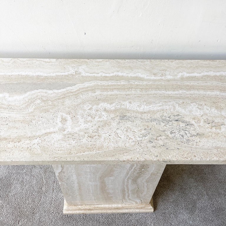 Italian Travertine Marble Console Table on Pedestal Base by Stone