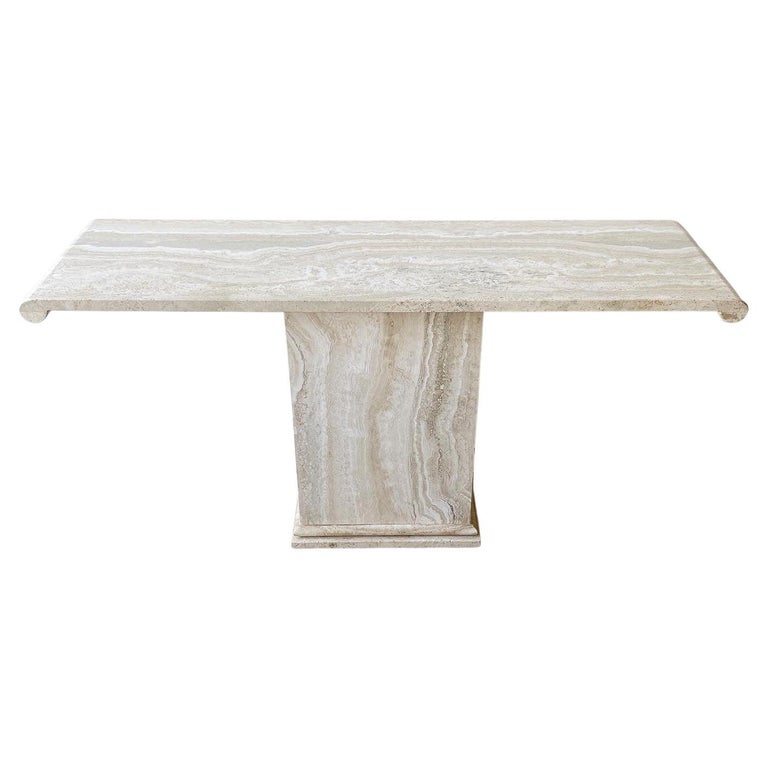 Italian Travertine Marble Console Table on Pedestal Base by Stone