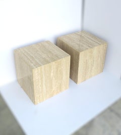 Italian Travertine Marble End Tables, Pair
