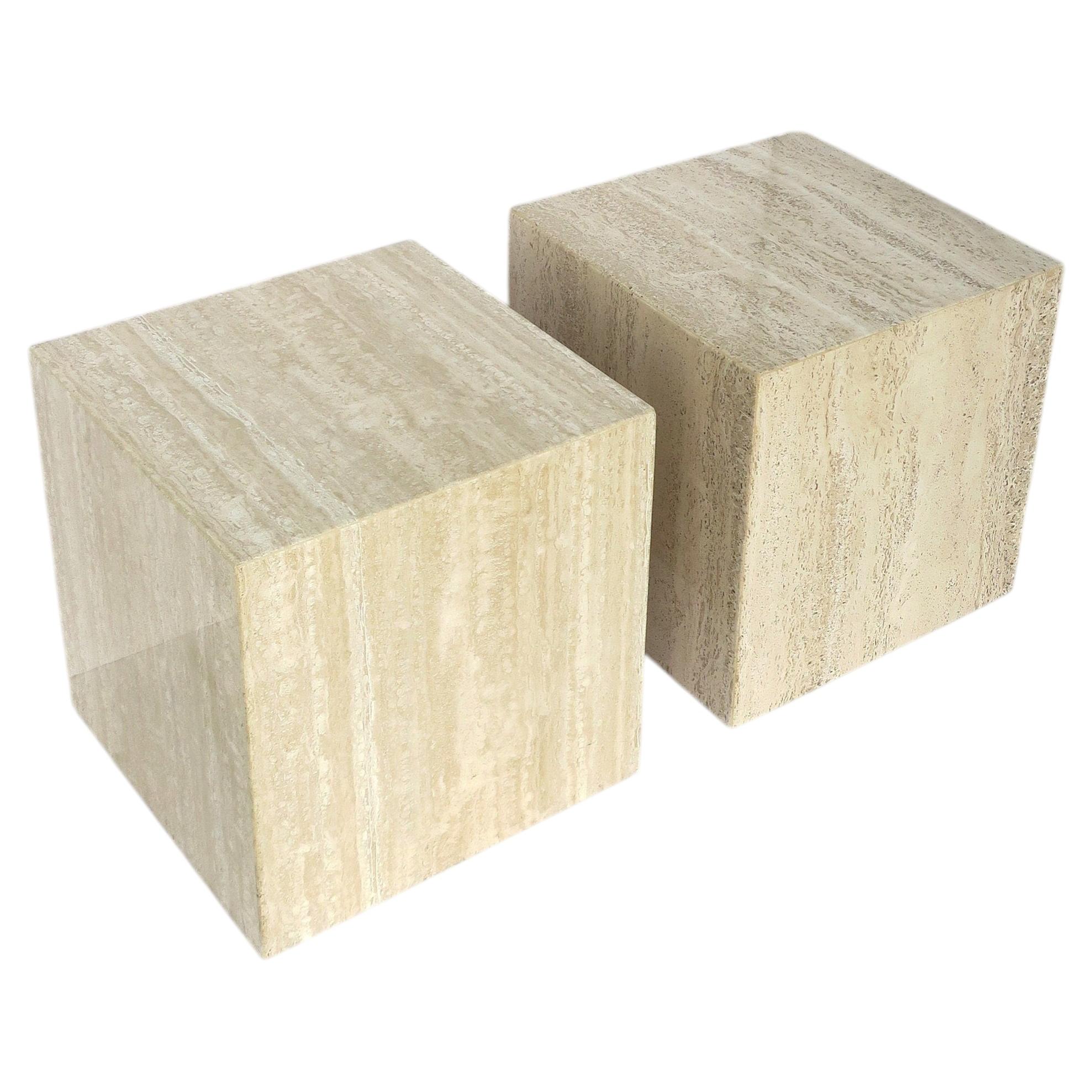 Italian Travertine Marble End Tables, Pair