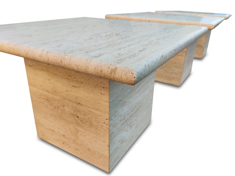 Italian Travertine Marble Pair Side Tables + One Side Table, or Coffee Table MCM For Sale 1