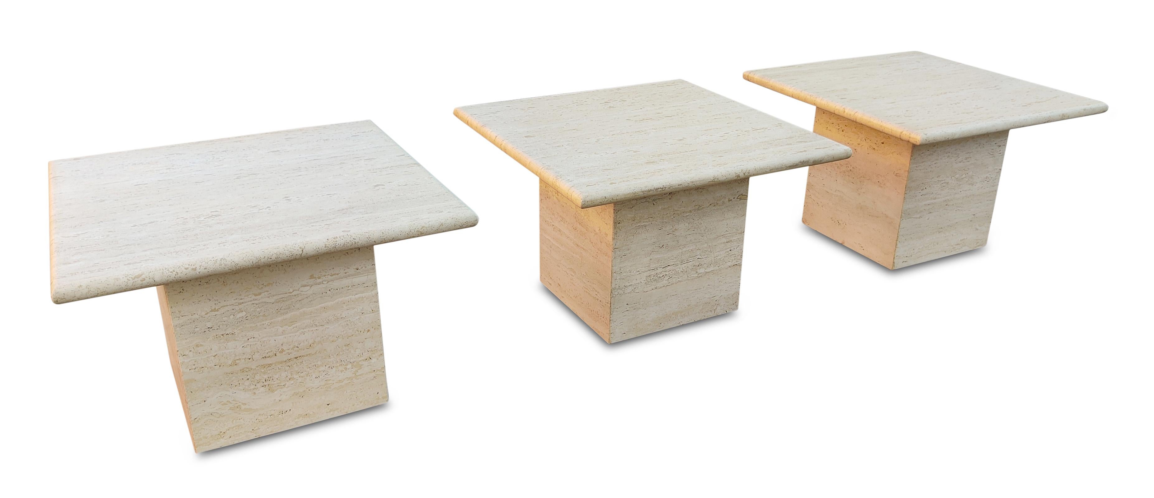 Mid-Century Modern Italian Travertine Marble Pair Side Tables + One Side Table, or Coffee Table MCM