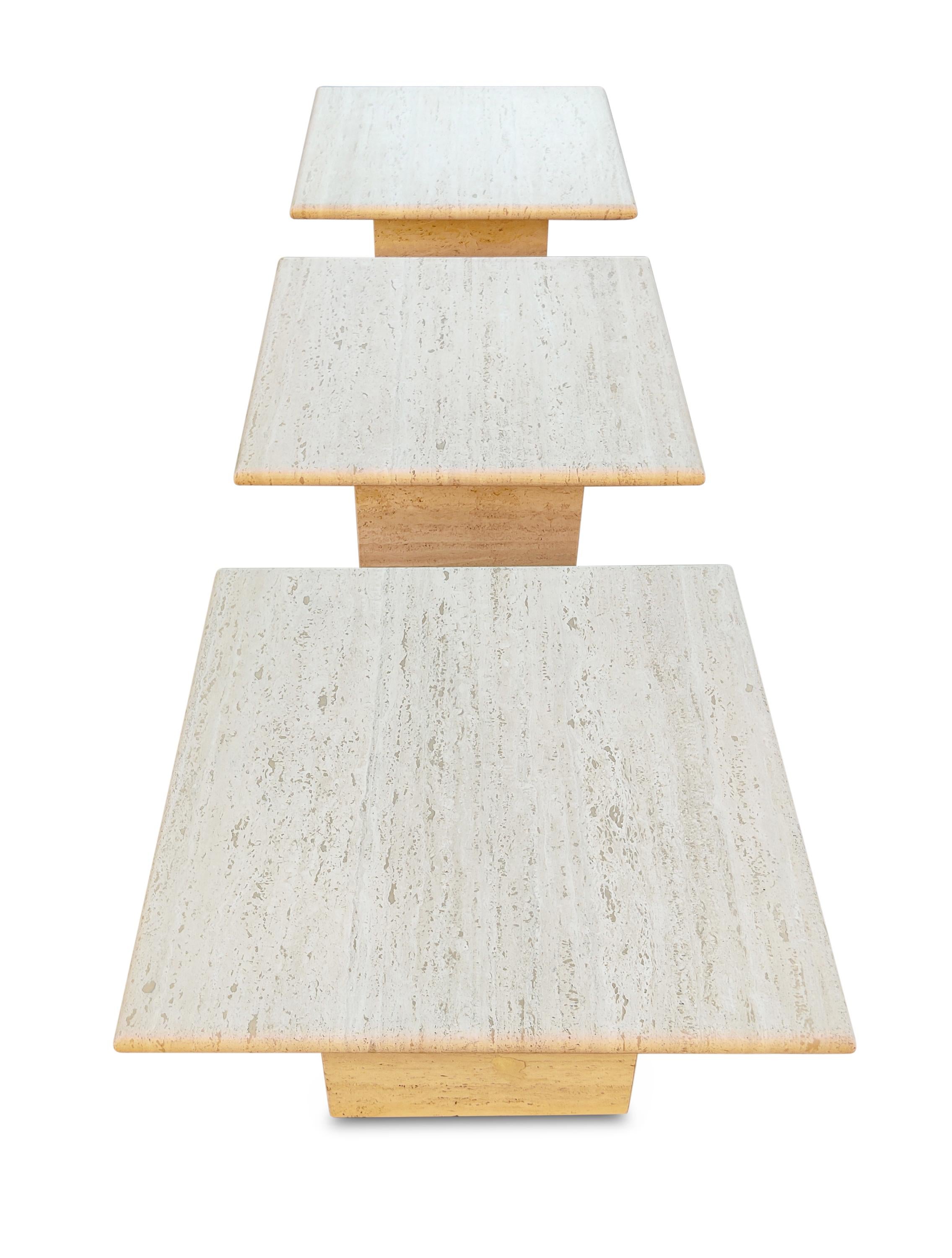 Polished Italian Travertine Marble Pair Side Tables + One Side Table, or Coffee Table MCM