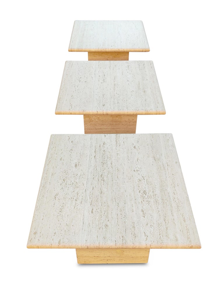 Polished Italian Travertine Marble Pair Side Tables + One Side Table, or Coffee Table MCM For Sale
