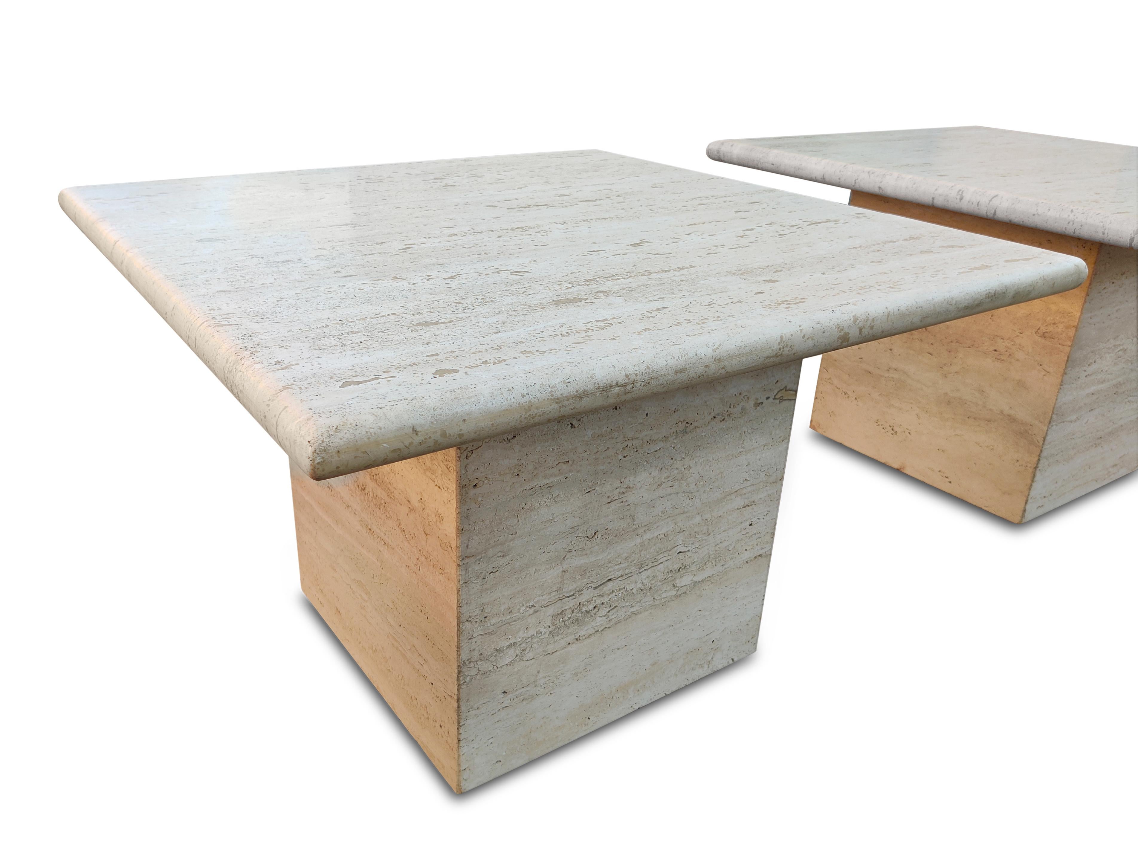 Italian Travertine Marble Pair Side Tables + One Side Table, or Coffee Table MCM In Good Condition In Philadelphia, PA