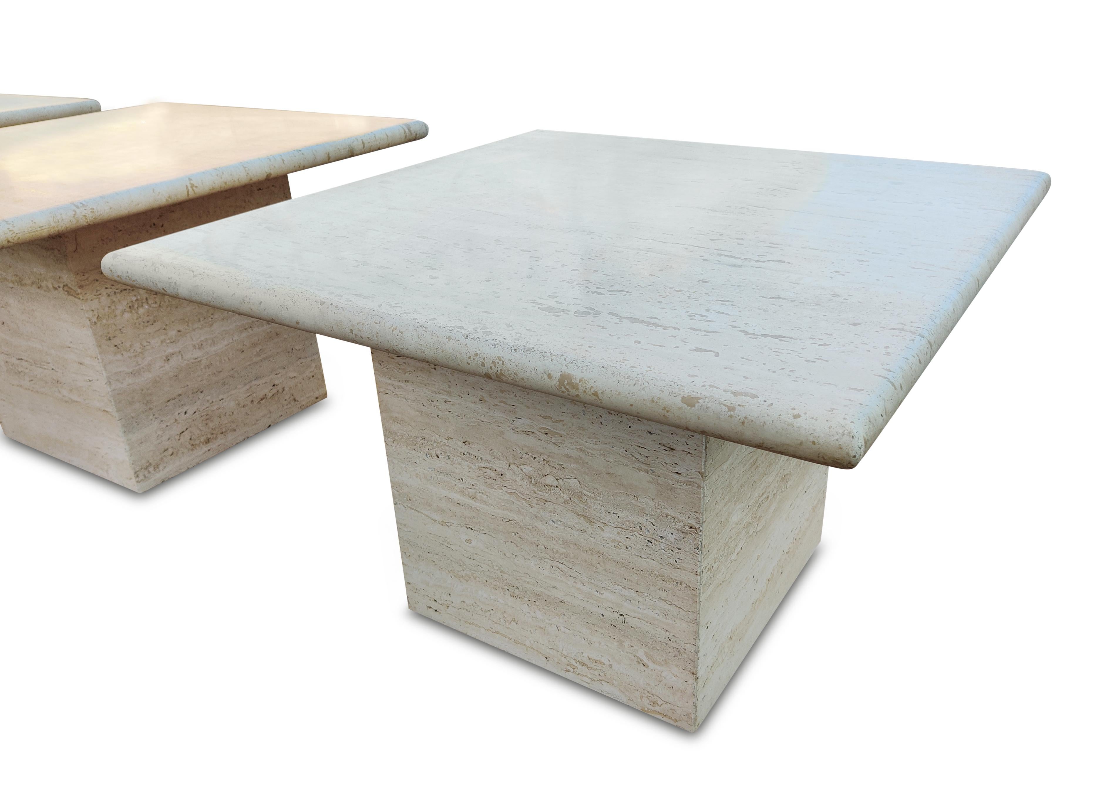 Late 20th Century Italian Travertine Marble Pair Side Tables + One Side Table, or Coffee Table MCM
