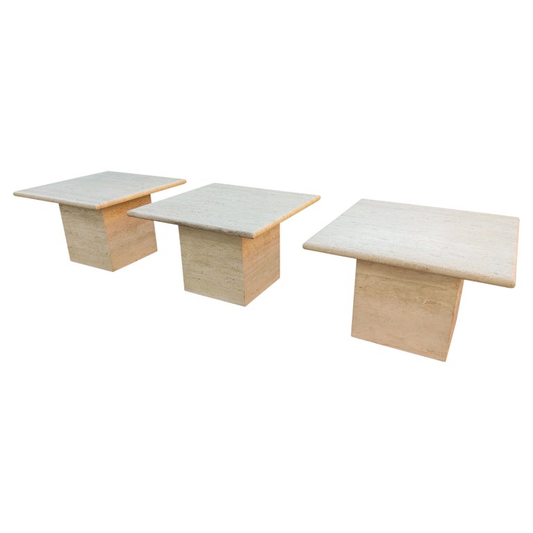 Italian Travertine Marble Pair Side Tables + One Side Table, or Coffee Table MCM For Sale