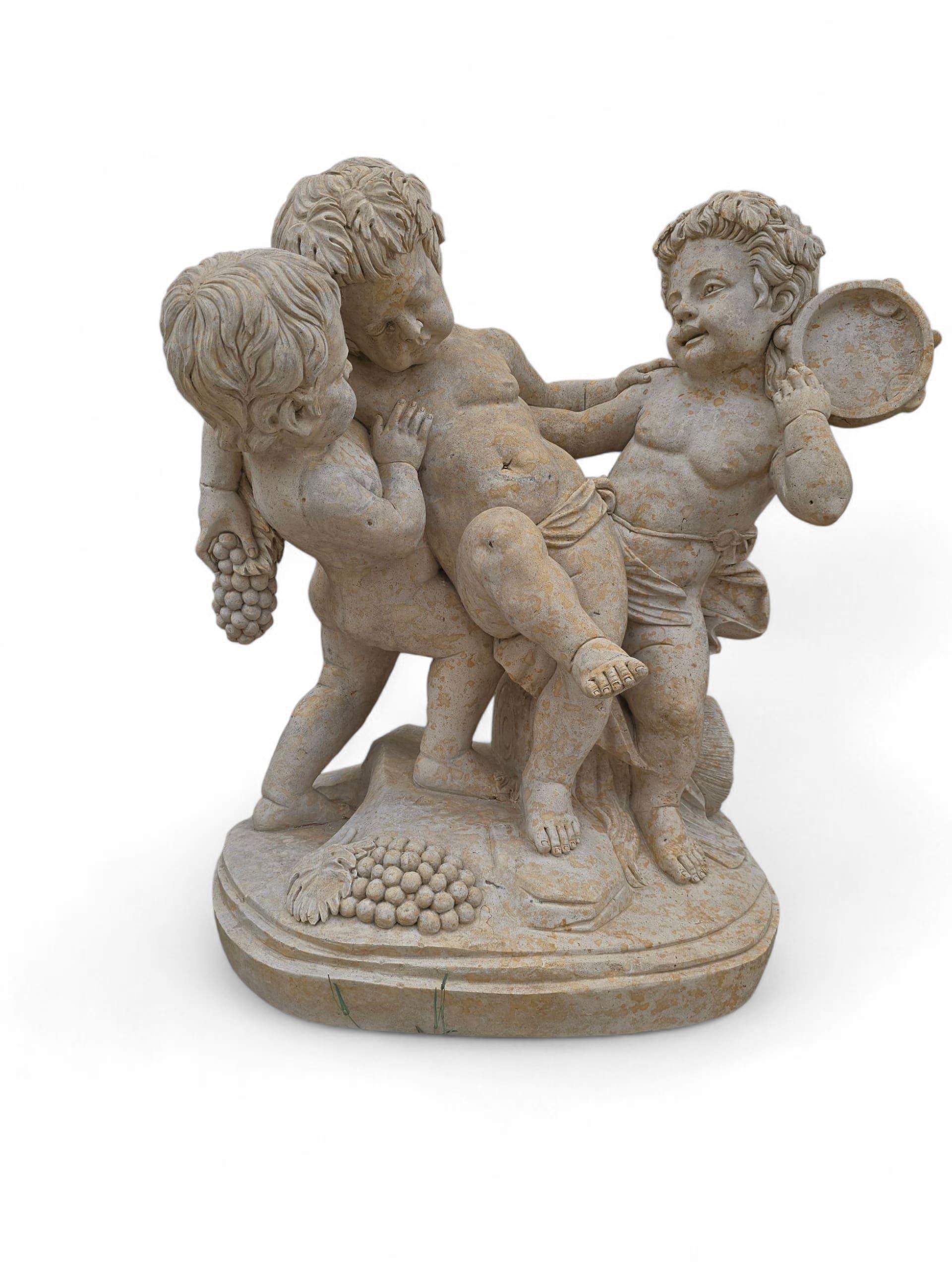 Charming Italian sculpture carved from warm-toned travertine marble, depicting three joyful cherubs dancing in a circular formation. The figures are captured in motion with expressive detail and harmonious composition, embodying innocence, grace,