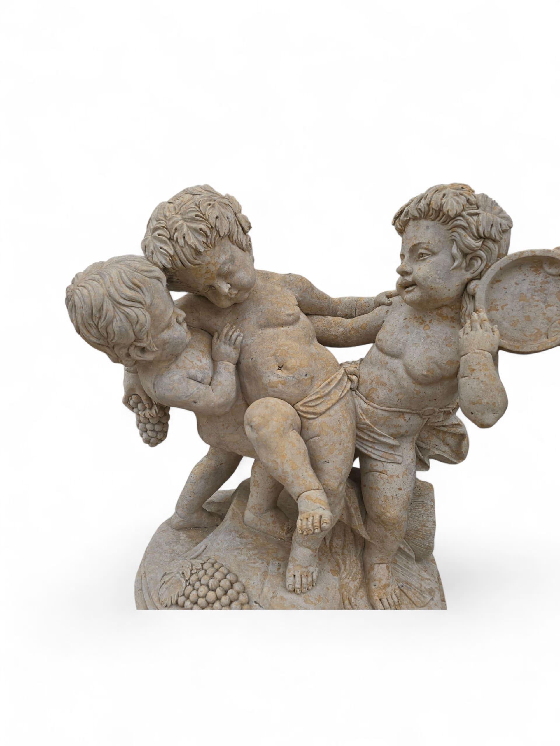 Italian Travertine Marble Sculpture of Three Dancing Cherubs For Sale 2