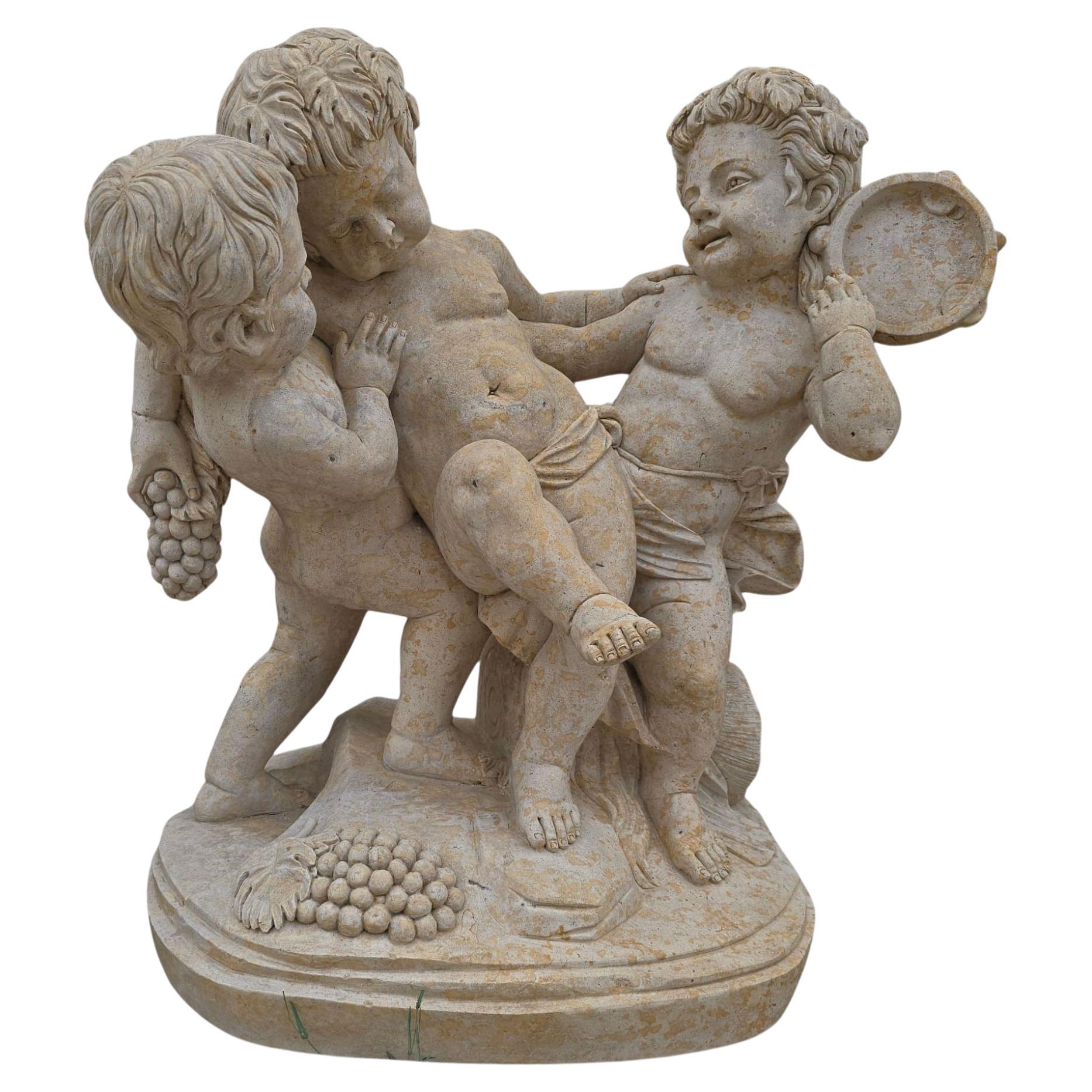 Italian Travertine Marble Sculpture of Three Dancing Cherubs For Sale