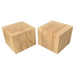 Italian Travertine Pair of Cube Side Tables Midcentury