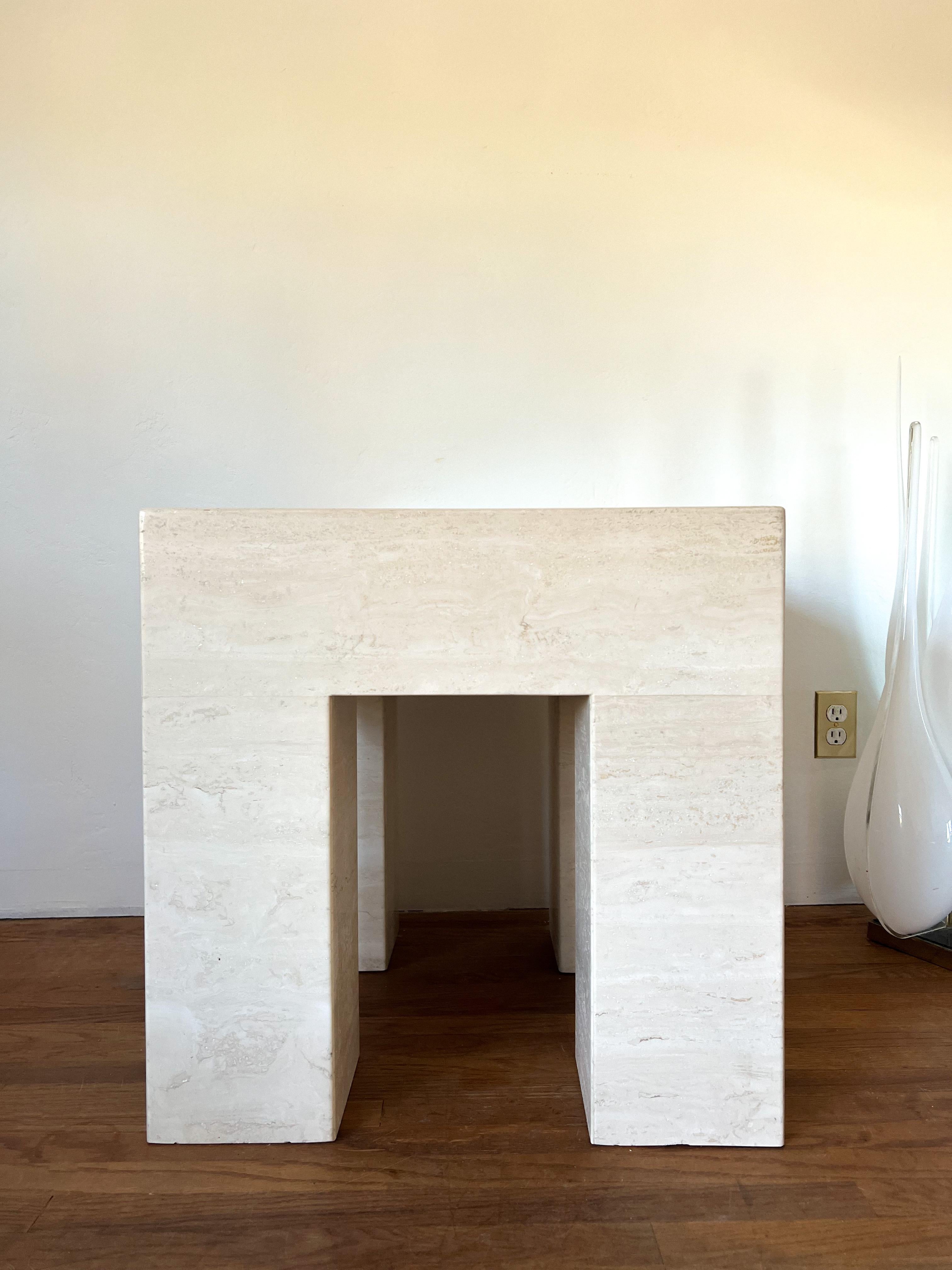 Post-Modern Italian Travertine Parsons Side Table with Marble Inlay For Sale